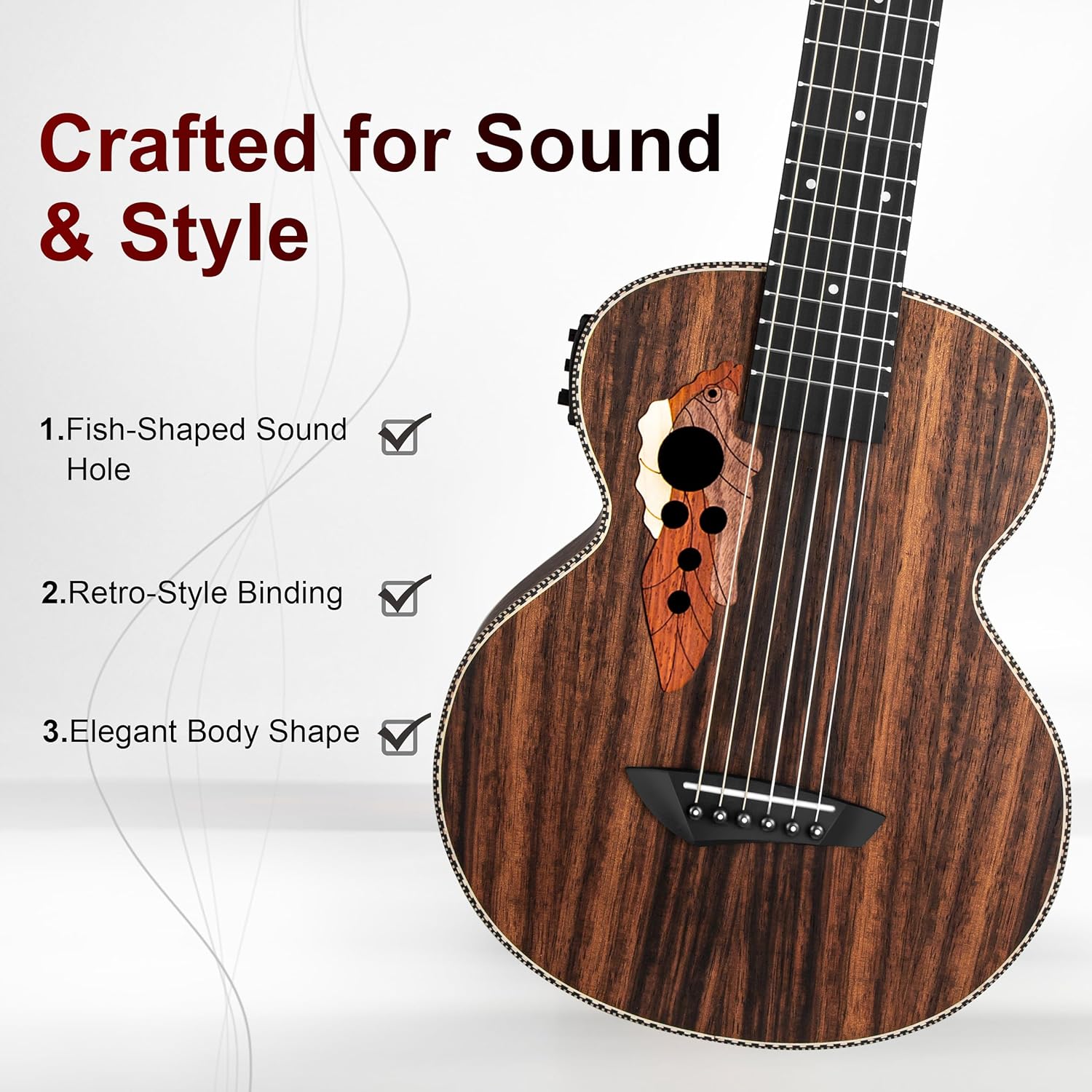 30inch Caramel CB904G Ebony Wood Electric Guitalele Small Guitar Kit Beginner Guitarlele Starter Bundle Strings, Padded Gig Bag, Strap Set (Ebony)