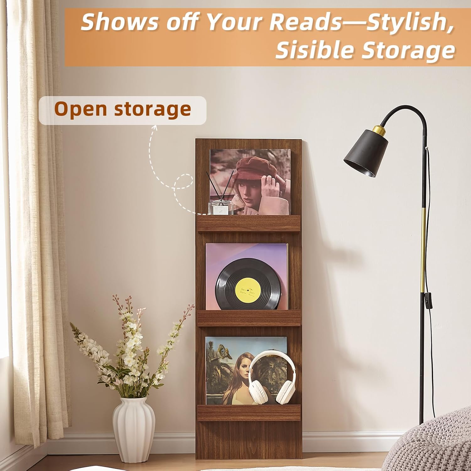 LELELINKY Wall Mount Vinyl Record Holder Set of 2 with 3 Tier Display Area, 47.5'' Tall Record Storage Magazine Holder, Book Shelf Holder Holds Up to 15 Vinyls Albums/CD for Music Room, Living Room