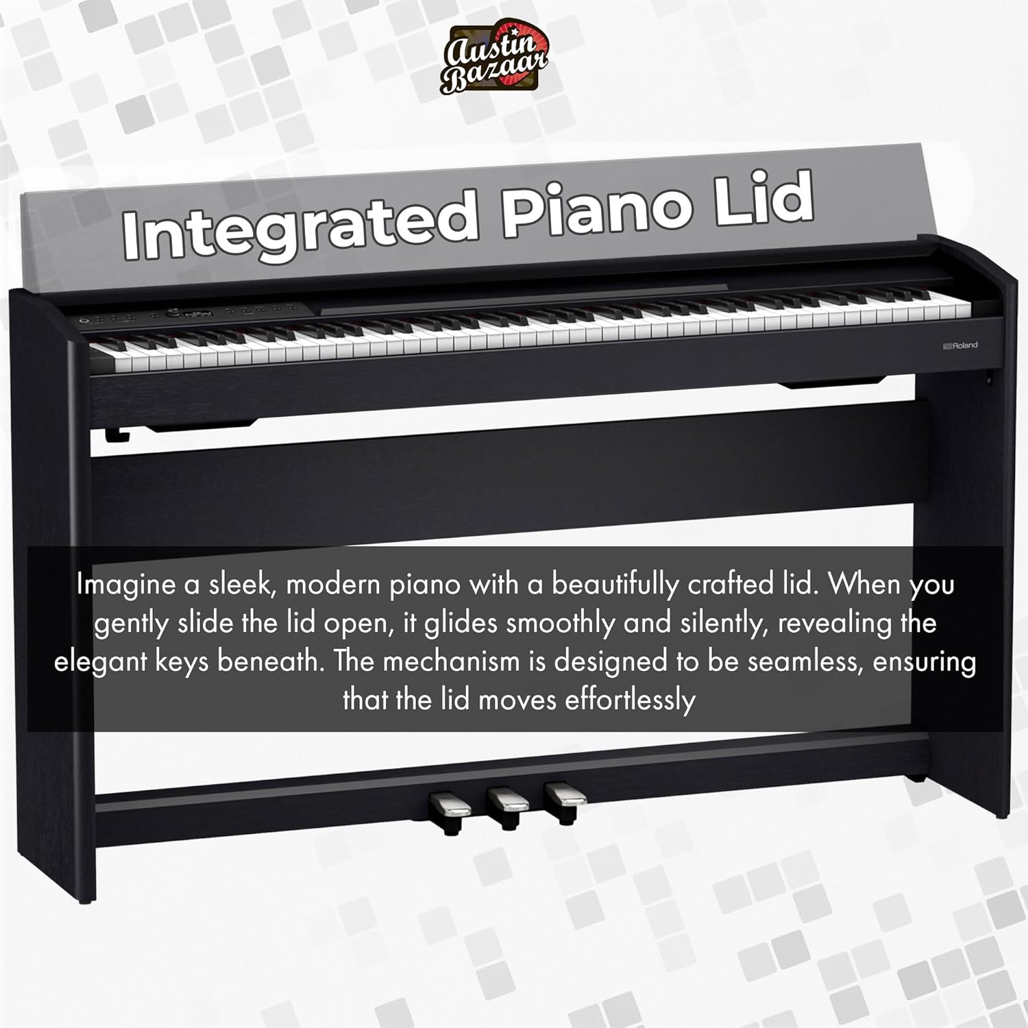 Roland F701 Digital Pianos - Contemporary Black Bundle with Headphones, Instructional Book, Online Piano Lessons, Austin Bazaar Piano DVD, and Polishing Cloth