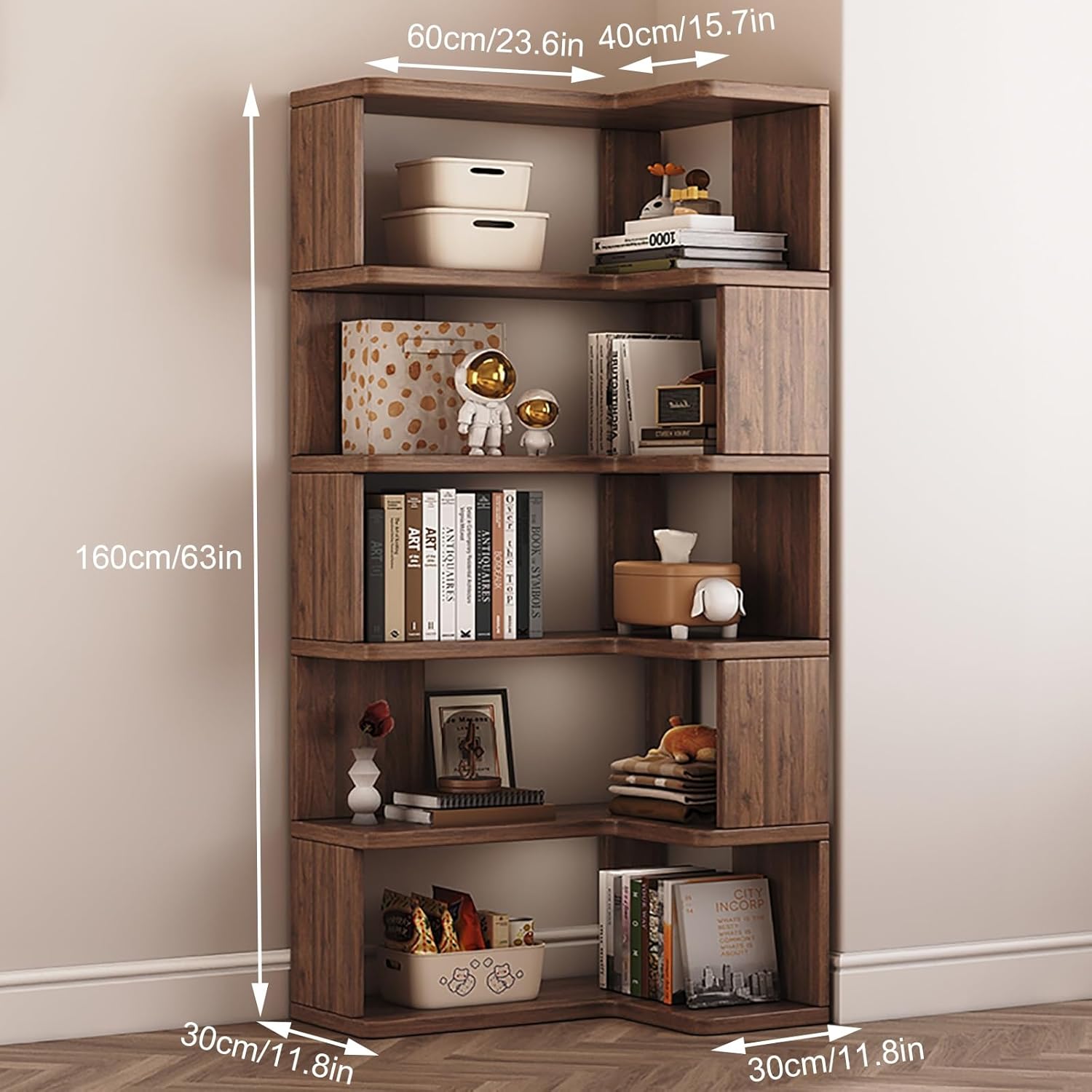 5 Tier Corner Bookshelf Etagere Bookcase with Baffle, Decorative Storage Freestanding L Shaped Display Shelf Stand for Home Office, Living Room, Bedroom, Kitchen(White)