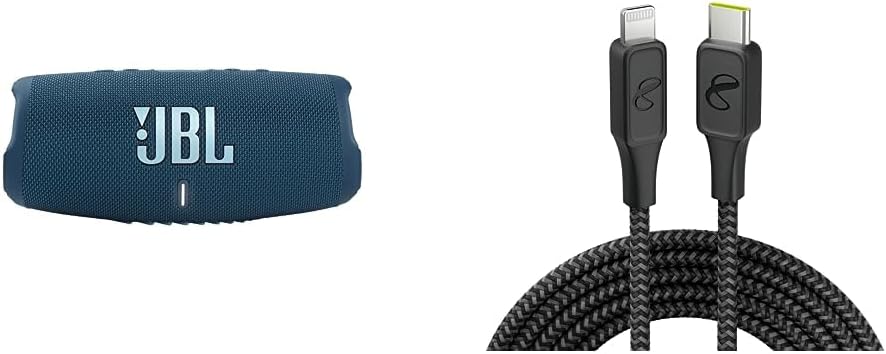 JBL Charge 5 Portable Wireless Bluetooth Speaker with IP67 Waterproof and USB Charge Out - Blue and InfinityLab InstantConnect USB-C to Lightning - 20W PD Fast Charging Cable for iPhone - Black