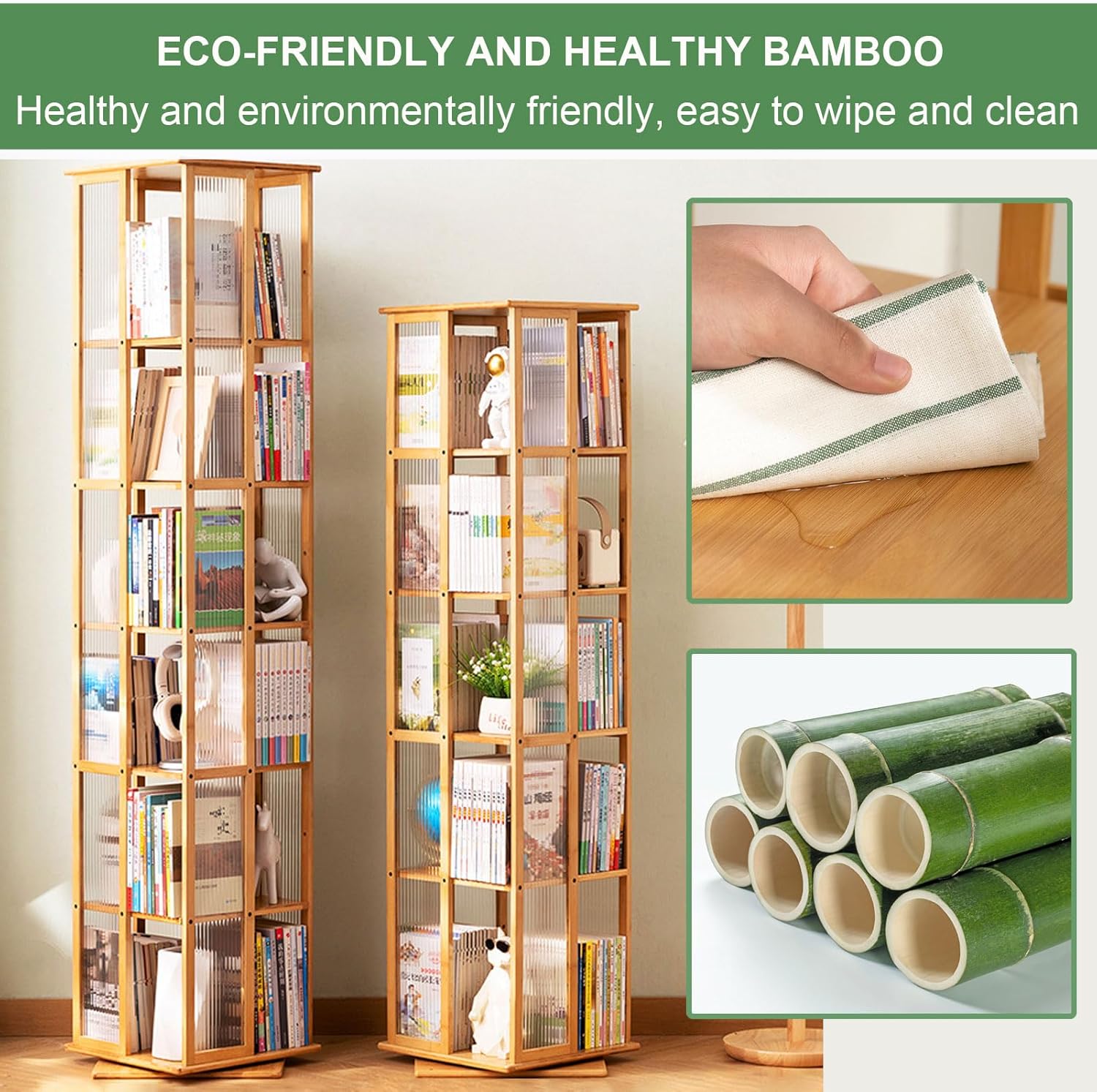 ARMERI 6 Tier Bamboo Bookcase Corner Tall Book Shelf Modern 360° Rotating Storage Display Rack Floor Standing Shelves with Open Design Shelving Unit for Home Office Living Room Study,Brown,6 Tier