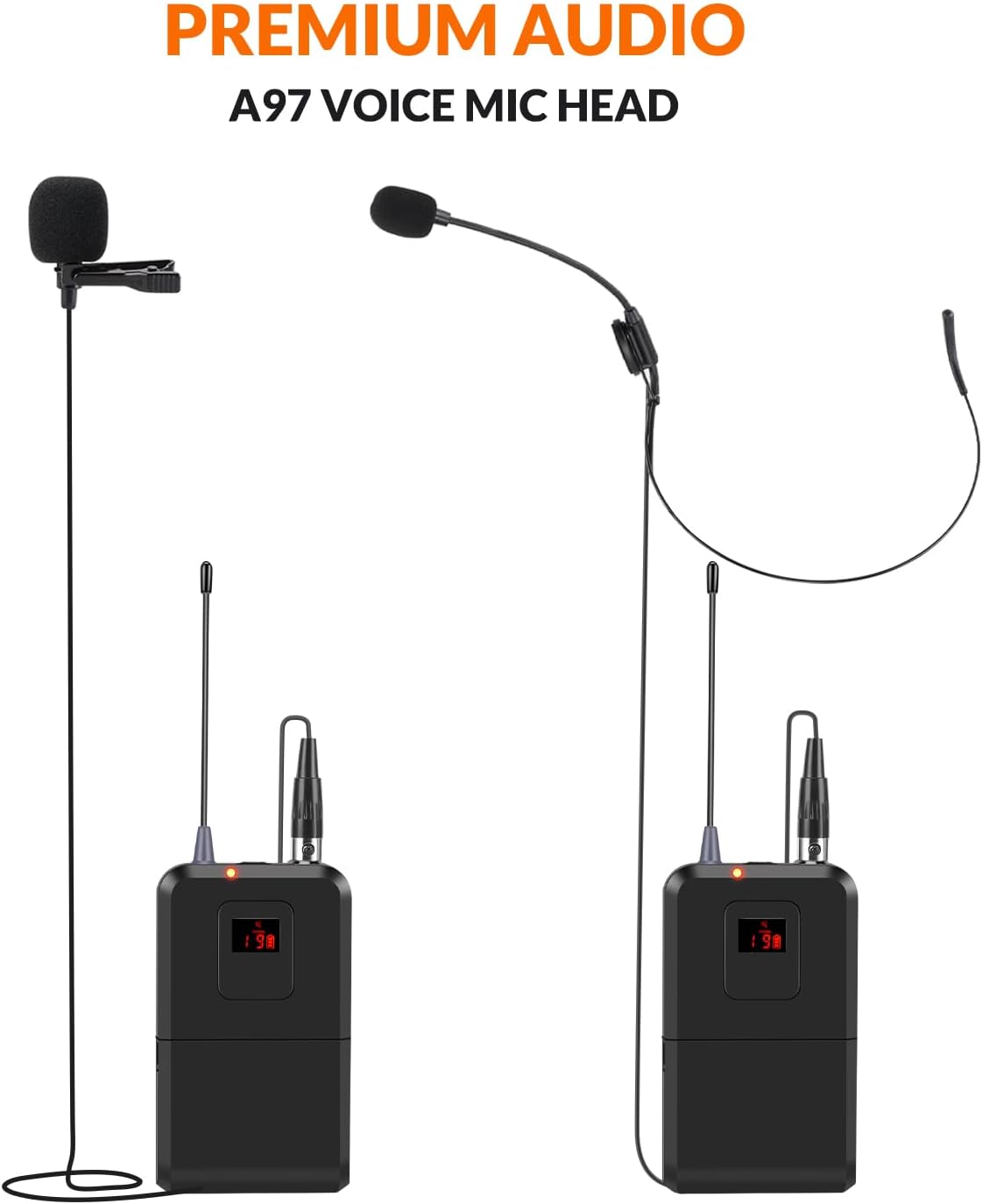 200-Channel Wireless Microphones System, Wireless Lavalier Microphone, Dual UHF Bodypack Cordless Lavalier Mic System Set, Auto Scan, Long Range 200-240Ft, 16 Hours Ideal for Church (Black)