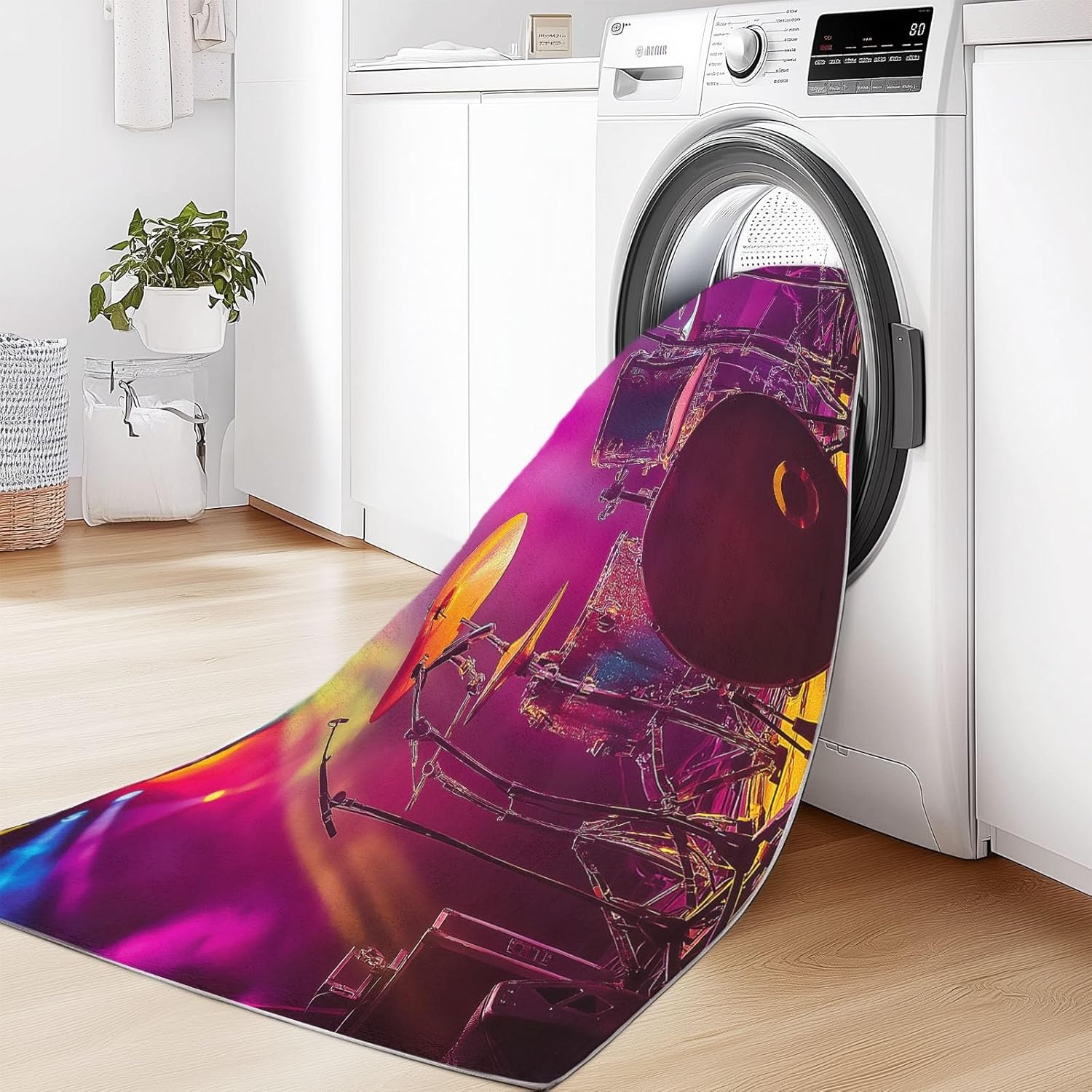 Machine Washable Area Rug 4x6 ft for Dining Room, Bedroom, and Living Room, neon Light Drum Set Stain and Water-Resistant Non-Slip Rug, Pet and Kid Friendly