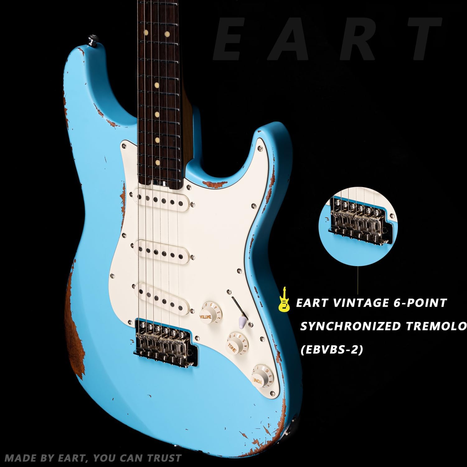 EART Vintage-VS60 6 String Soft Relic Solid-Body Guitar-Full Size Roasted Rosewood Relic Finish VS60 Pickups 6-Point Synchronized Tremolo Bridge Electric Guitar for Blues, Classics,Right Hand