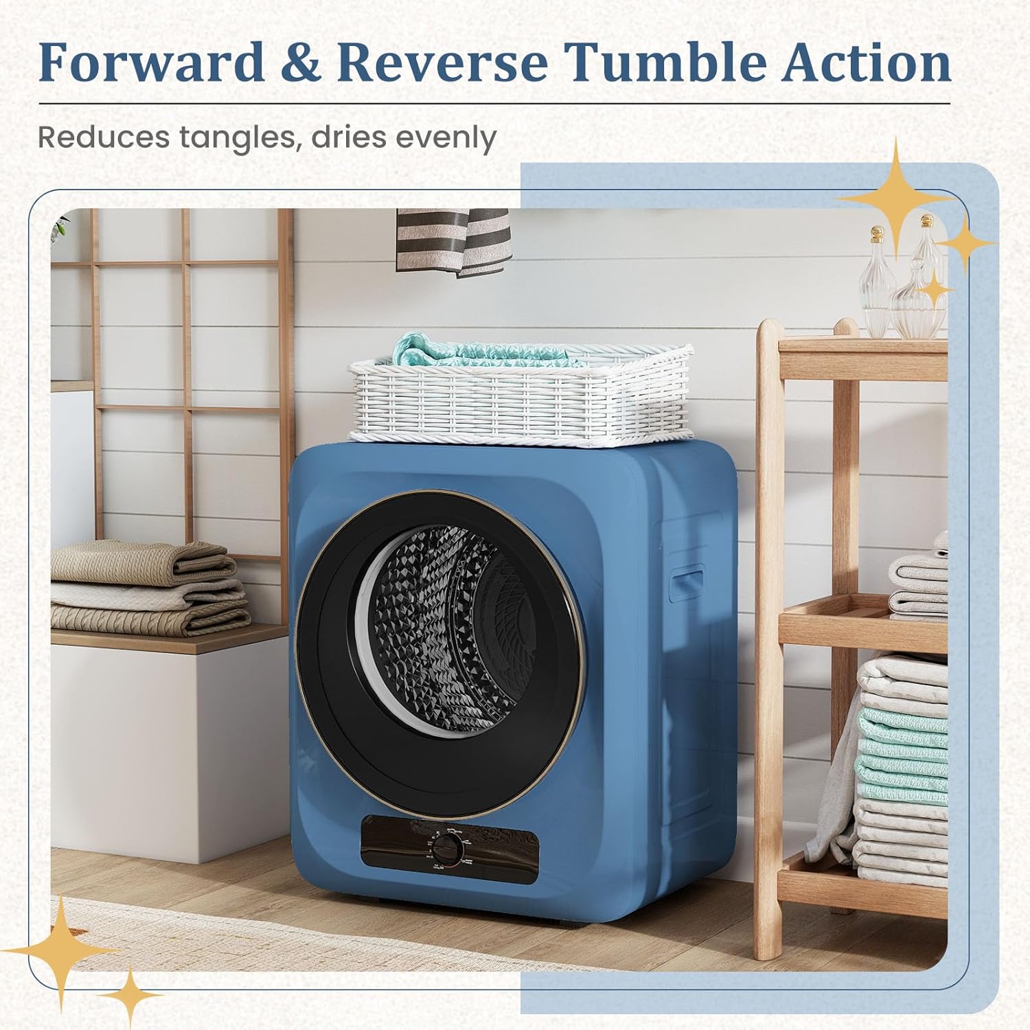 Auertech 1.5 Cu.Ft Portable Clothes Dryer, 850 W Front Load Electric Dryer Machine with Stainless Steel Drum, Simple Control Knob, Compact Tumble Dryer for Laundry Apartment, Dorm, RV, Blue