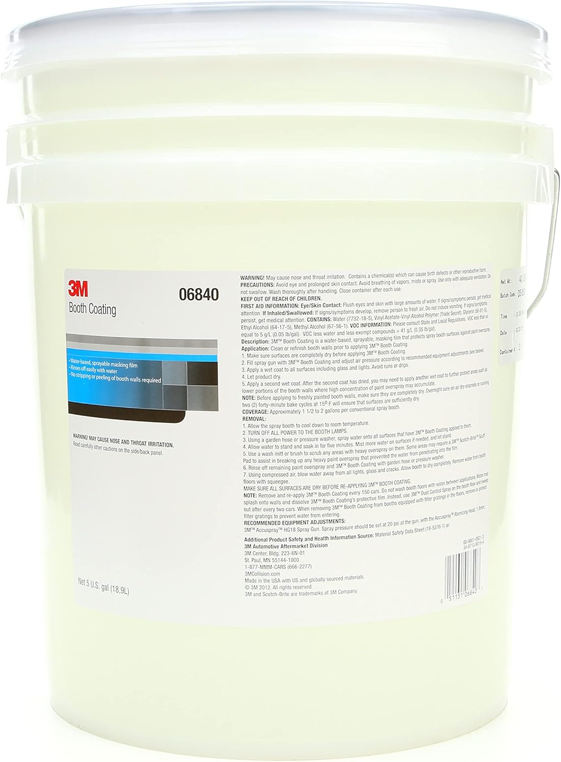 3M Booth Coating, 06840, 5 gal, Water-Based Solution, Used for Protecting Paint Booth Walls from Paint Overspray