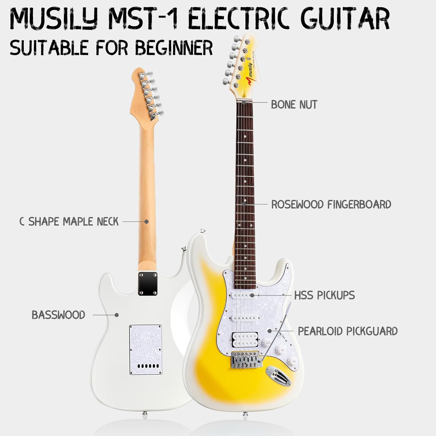 MST-1 39 Inch Electric Guitar Kit, Beginner Starter Full Size Solid Body Electric Guitar With HSS Pickups, Gig Bag, Amplifier, Strap, Cable, Picks, String (LemonBurst+Amp+Bag)
