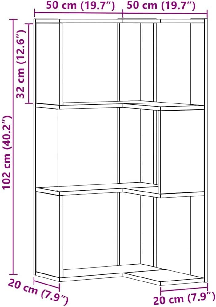 3-Tier Corner Bookcase Shelf, Engineered Wood Storage Cabinet for Living Room, Bedroom, Office, Maximizes Space with Wall Mount Safety