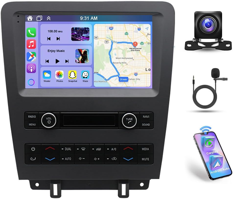 9 Inch Car Stereo for Ford Mustang 2010 2011 2012 2013 2014 Double Din Touch Screen Android 14 Car Audio Receiver w/Wireless Carplay Android Auto GPS Navigation Bluetooth FM AHD SWC Backup Camera