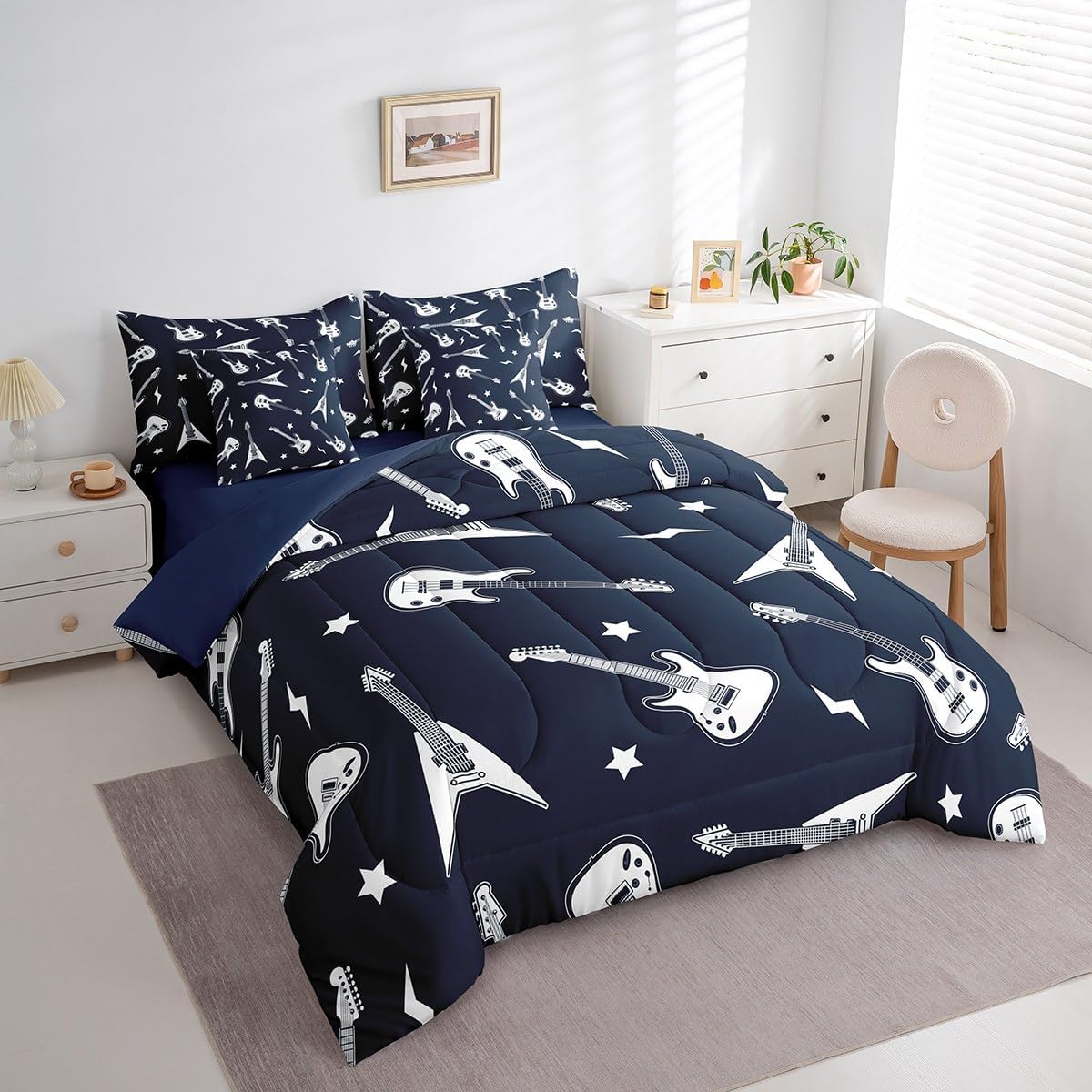 Guitar Bass Comforter Set Music Theme Guitars Bedding Set King Size 7 Pcs,Funny Musical Instrument Bed Set for Kids Girls Room Decor Navy Blue Polyester Bed in a Bag with Comforter,Sheets,Pillowcases