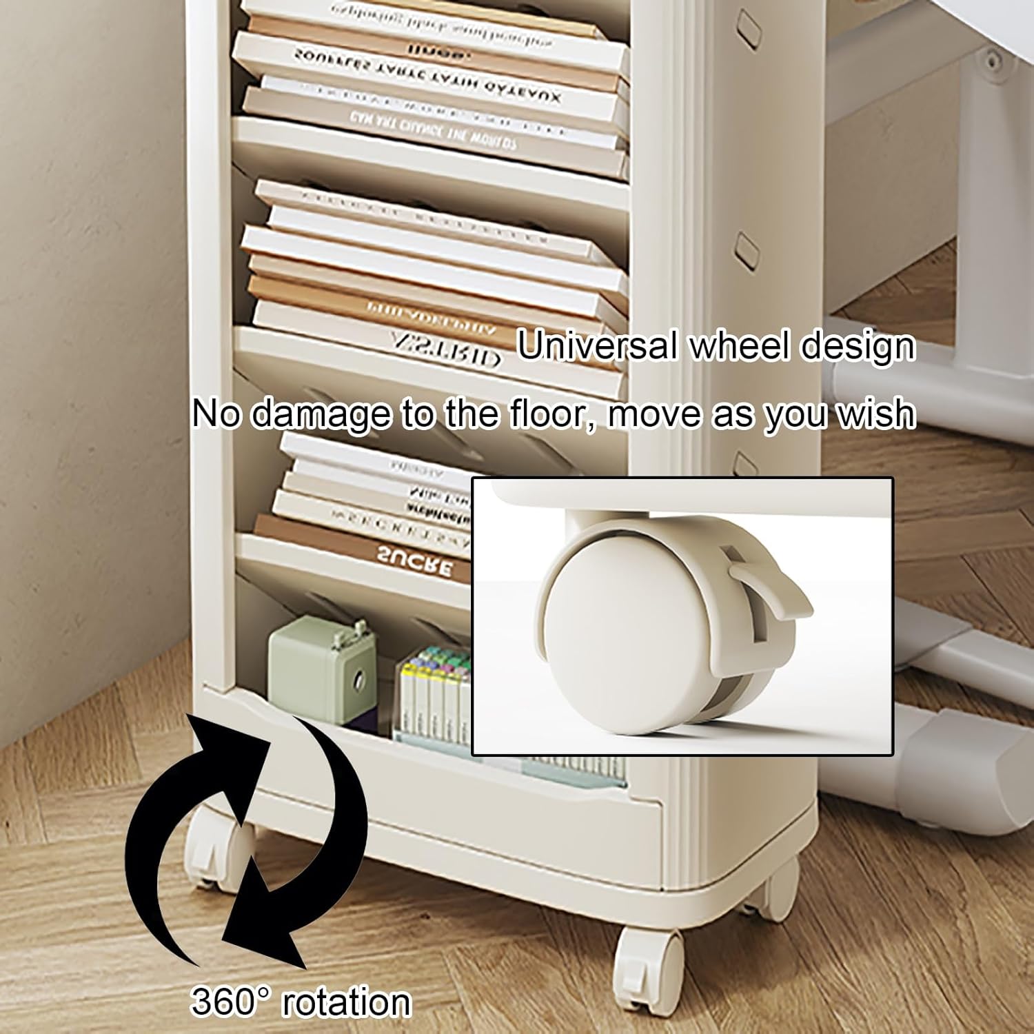 Rolling Bookshelf, Mobile Storage Book Shelf with Wheels, Bookcase Storage Rack, Slim Utility Organizer, Smooth Surface, for Office, Library, Dorm, Study Room