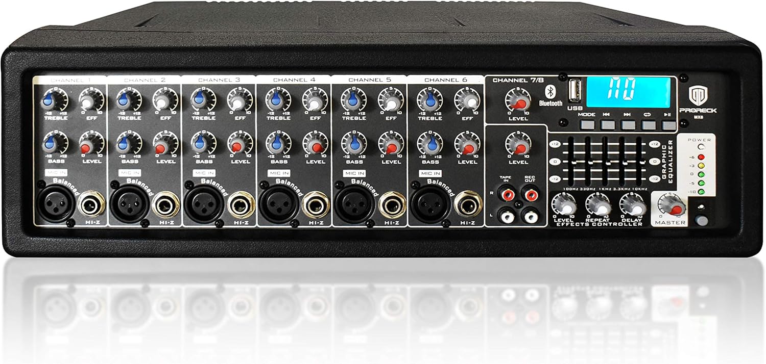 PRORECK MX8 2500 P.M.P.O 8 Channel Compact Studio Powered Mixer with Built In Effects & USB Audio Interface for Party/Meeting/Wedding +48V Phantom Button