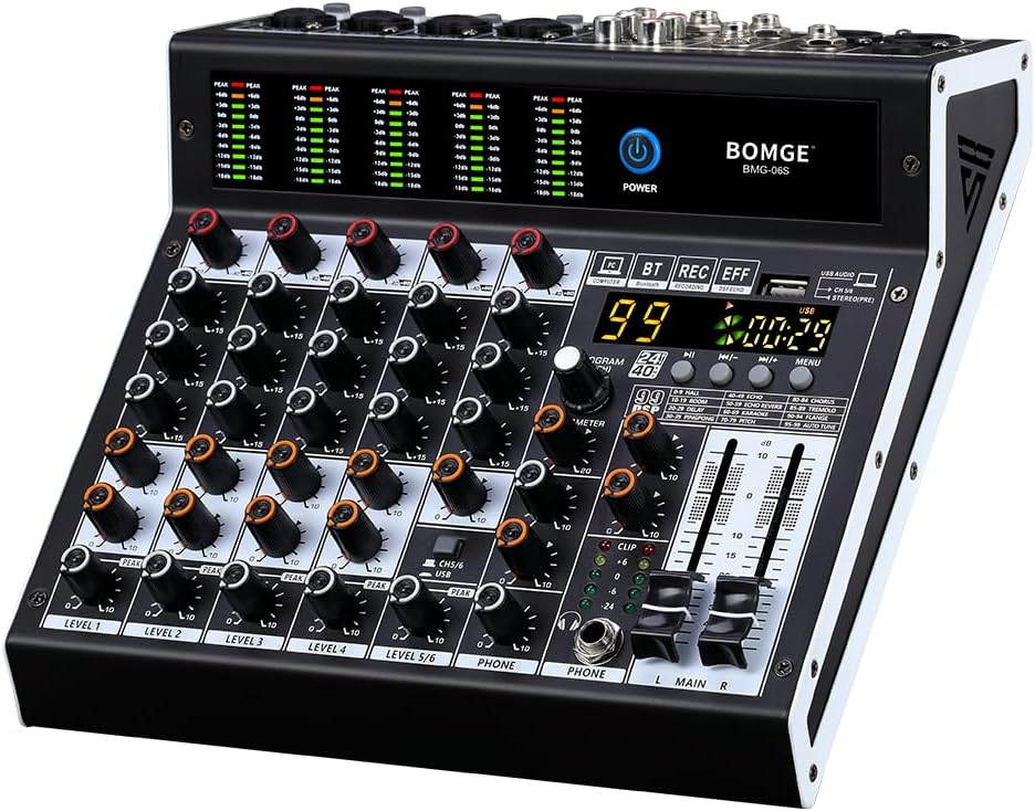 BOMGE Professional audio mixer 6 Channel Mixing Console with 99 DSP Effect,+48V Phantom, Bluetooth,USB Interface.2 AUX.FX Processor for studio recording & Live Performances