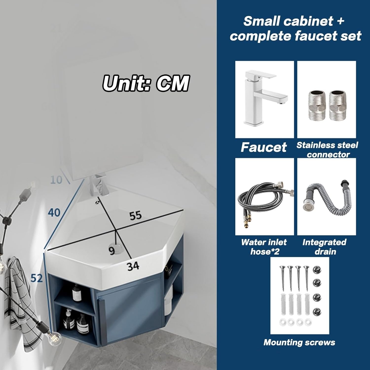 Corner Wall Mount Bathroom Sink, Small Corner Bathroom Vanity Cabinet,Wall Mounted Bathroom Sink, For Small Space Top Chrome Faucet And Drain (Size : 52 * 45cm)