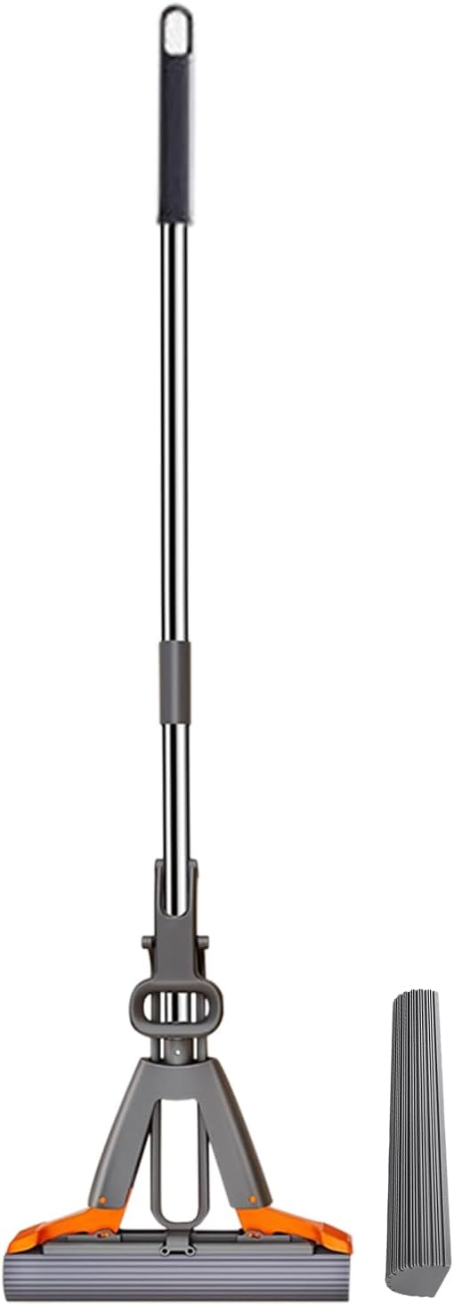 Sponge Mop - Innovative Self-Squeeze Cleaner With Easy-Lever Mechanism, Replaceable Head For Long-Term Use, Sturdy Metal Handle Construction | Efficient Bathroom Sponge Mop For Home And Commercial Kit