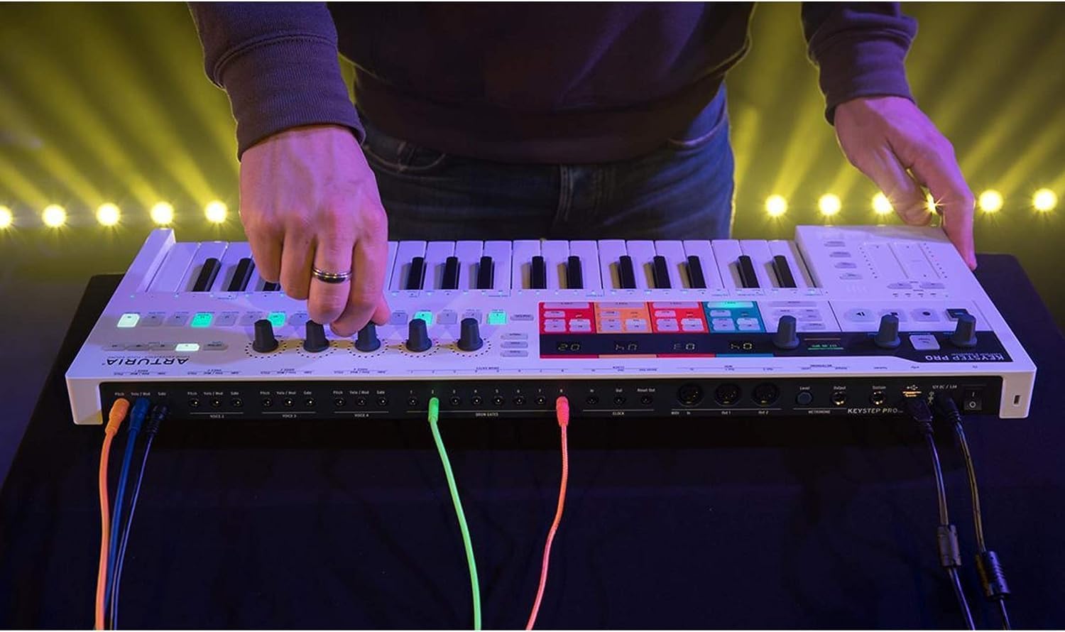 Arturia KeyStep Pro Multifunctional Sequencing and Performance Controller (White) with 6ft MIDI Cable + 2 Pack Mono Patch Cables | 4PK + Cloth (5 Items)