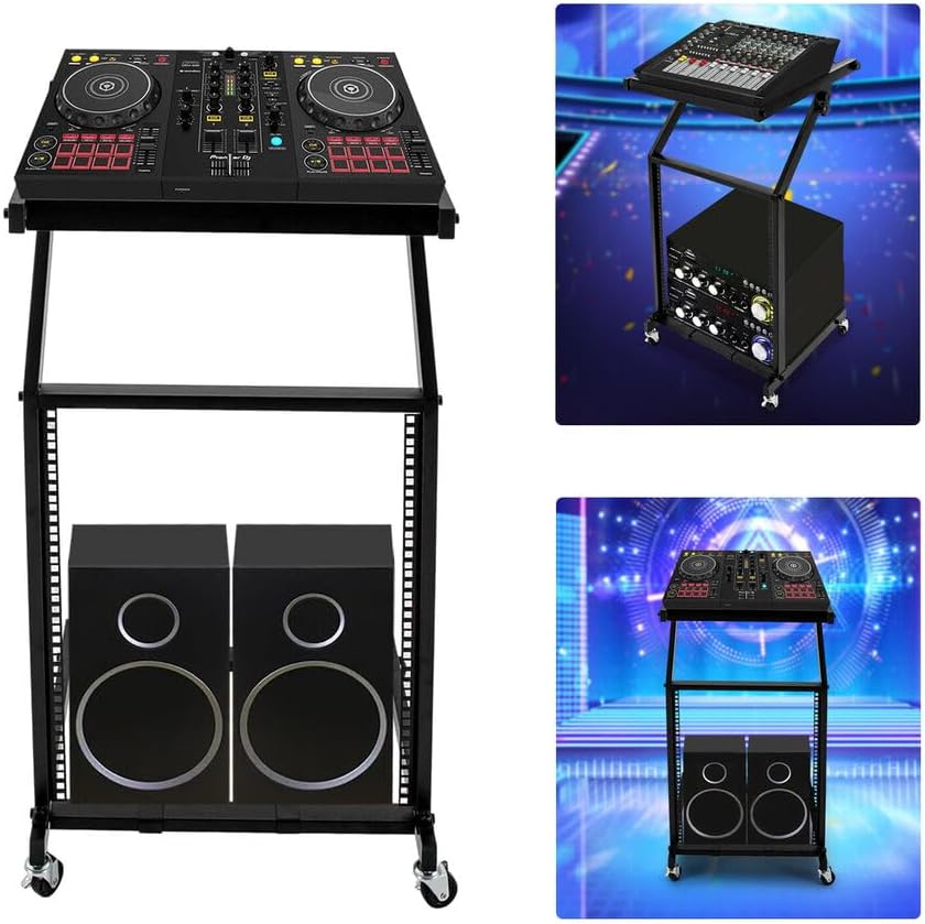 12U DJ Mixer Stand Stage Cart & Adjustable Rack Mount Studio Equipment DJ Rolling With Wheel,Pro Audio Recording Cabinet Perfect for Office Home Stage or Studio Music Show