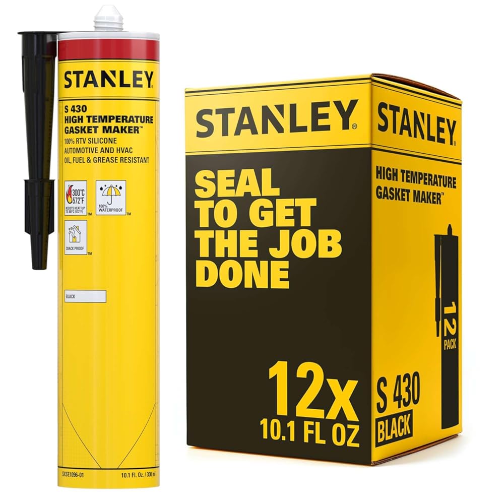 Stanley High-Temp RTV Silicone Gasket Maker - 12x10.1 Fl.oz Black, Oil, Vibration and Heat Resistant Black Silicone Sealant for Automotive Valve Covers and Engine Parts | 12 Pack
