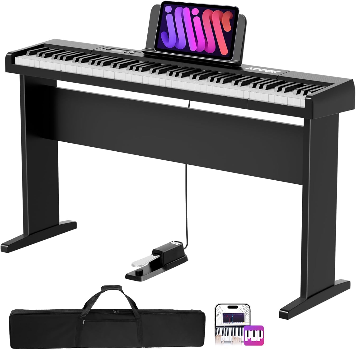 AODSK 88 Key keyboard piano, Portable Digital Piano with Wooden stand Set+Wooden Duet Piano Bench with Padded Cushion and Storage Compartment