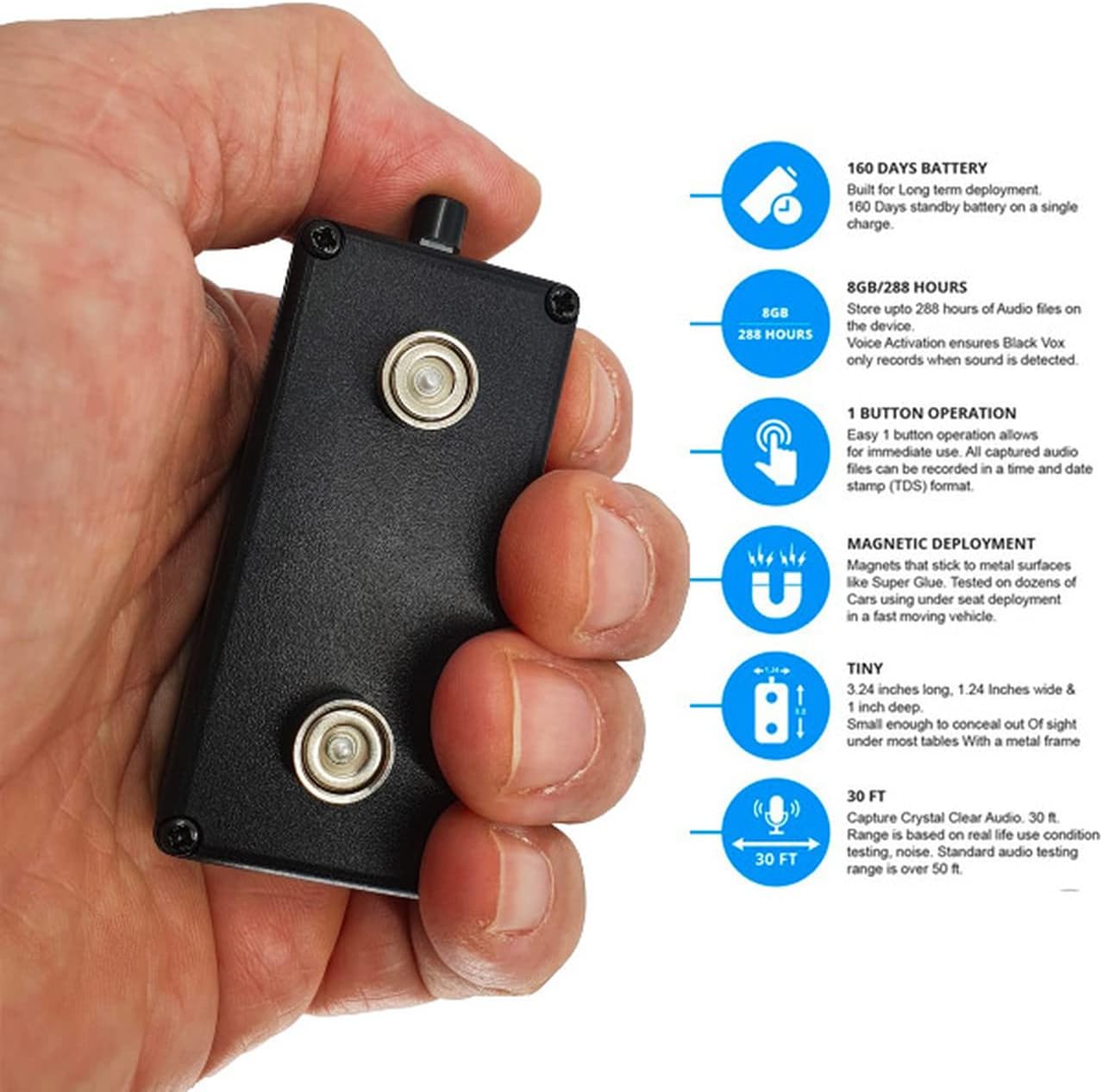 Black VOX 160 Day Voice Activated Recorder w/ 30 Ft Range & Magnetic Housing - Includes Internal Mic + 160 Day Battery