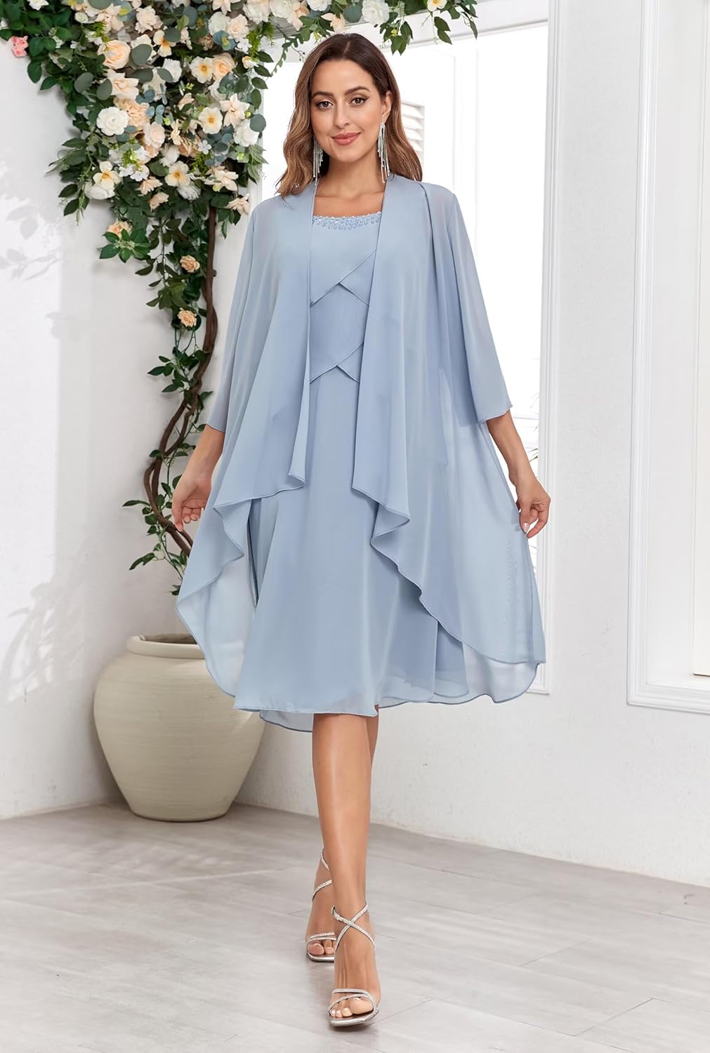 POMUYOO 2 Piece Mother of The Bride Dresses for Wedding Beaded Chiffon Tiered Formal Dress with Jacket