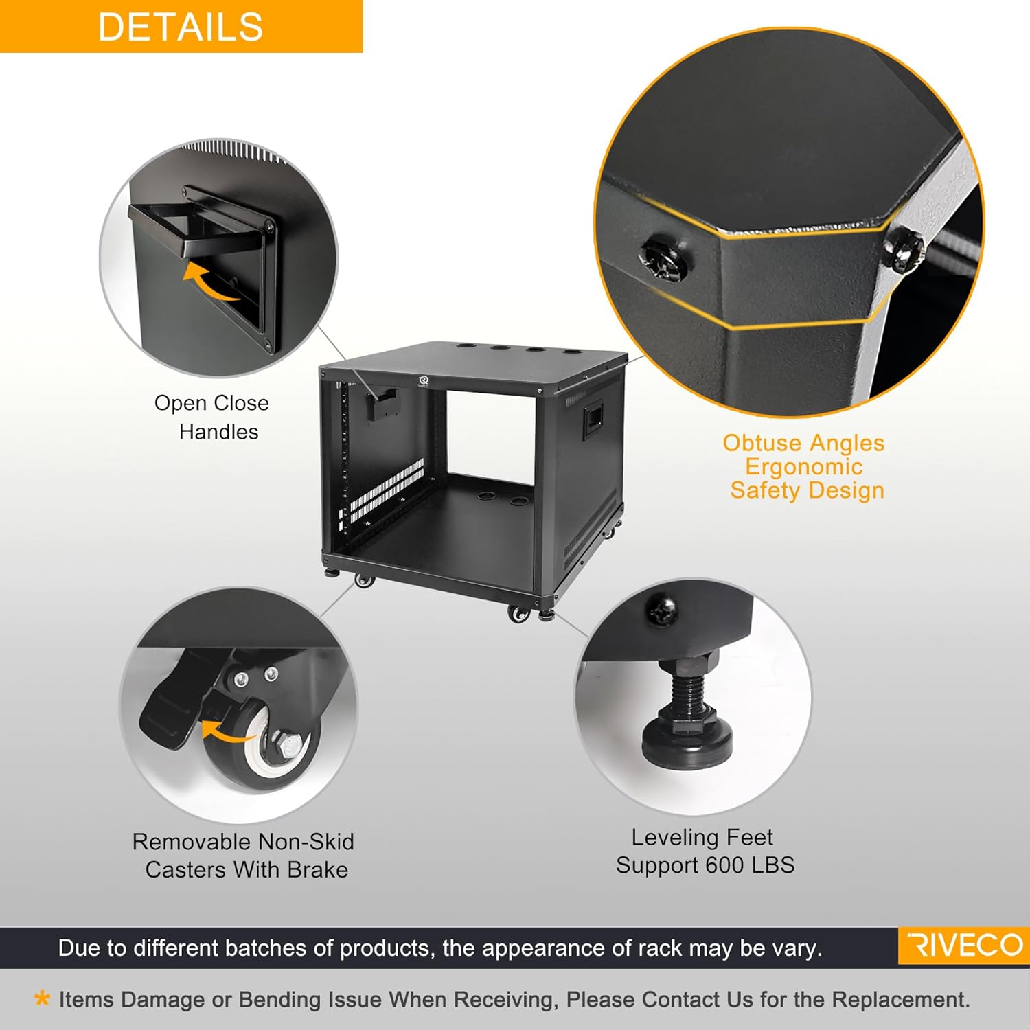 RIVECO 9U Stereo & Server Rack with Caster Wheels, Rolling Network Cabinet, Open Frame Rack for 19-inch Audio Video Music Recording & IT Equipment Lifting Handle & 1U 10