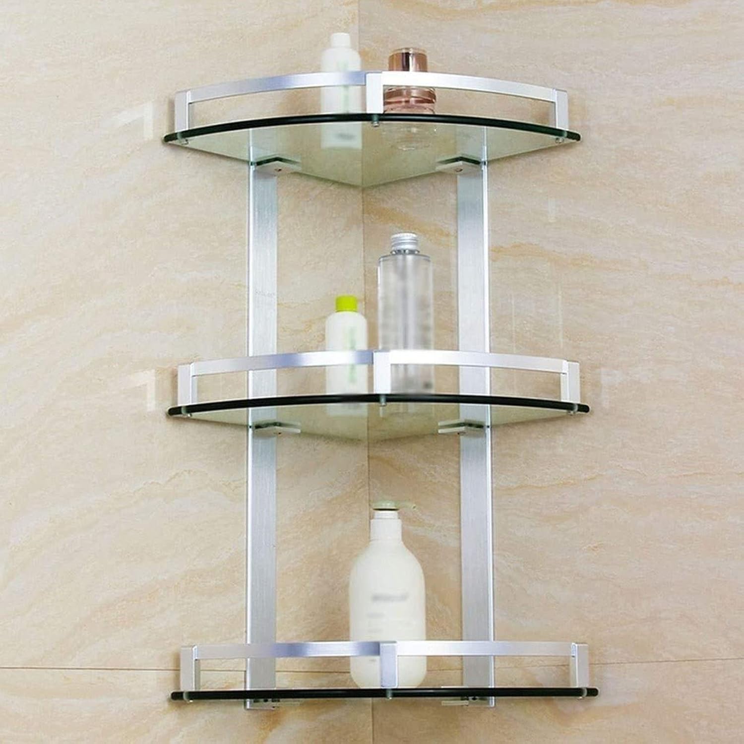 Bathroom Corner Shower Shelf, 3 Tier Glass Organizer Shelves, Aluminum Caddy Rack Triangle Wall Mount 7mm Glass Bathroom Shelf
