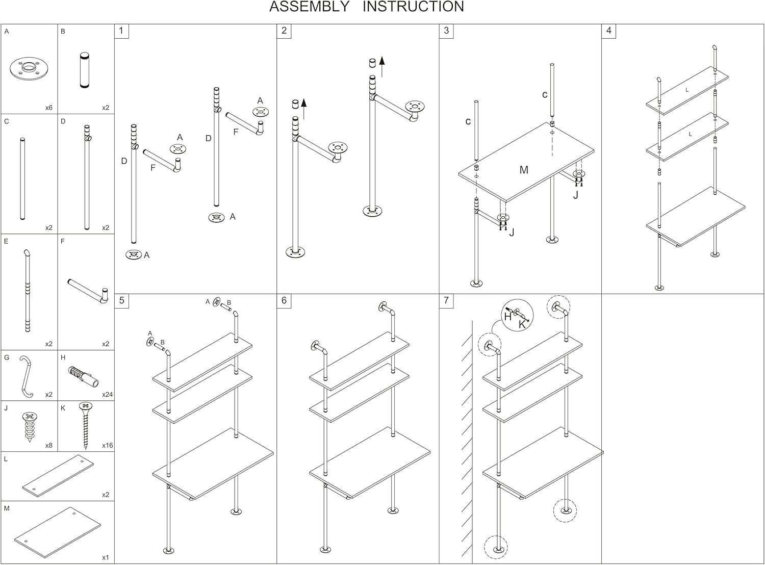 ZIOTHUM Industrial Wall Mount Desk with Shelves, Ladder Style Computer Laptop Desk, Floating Table with Storage, Industrial Pipe Bookcase for Home Office (36x20x81)