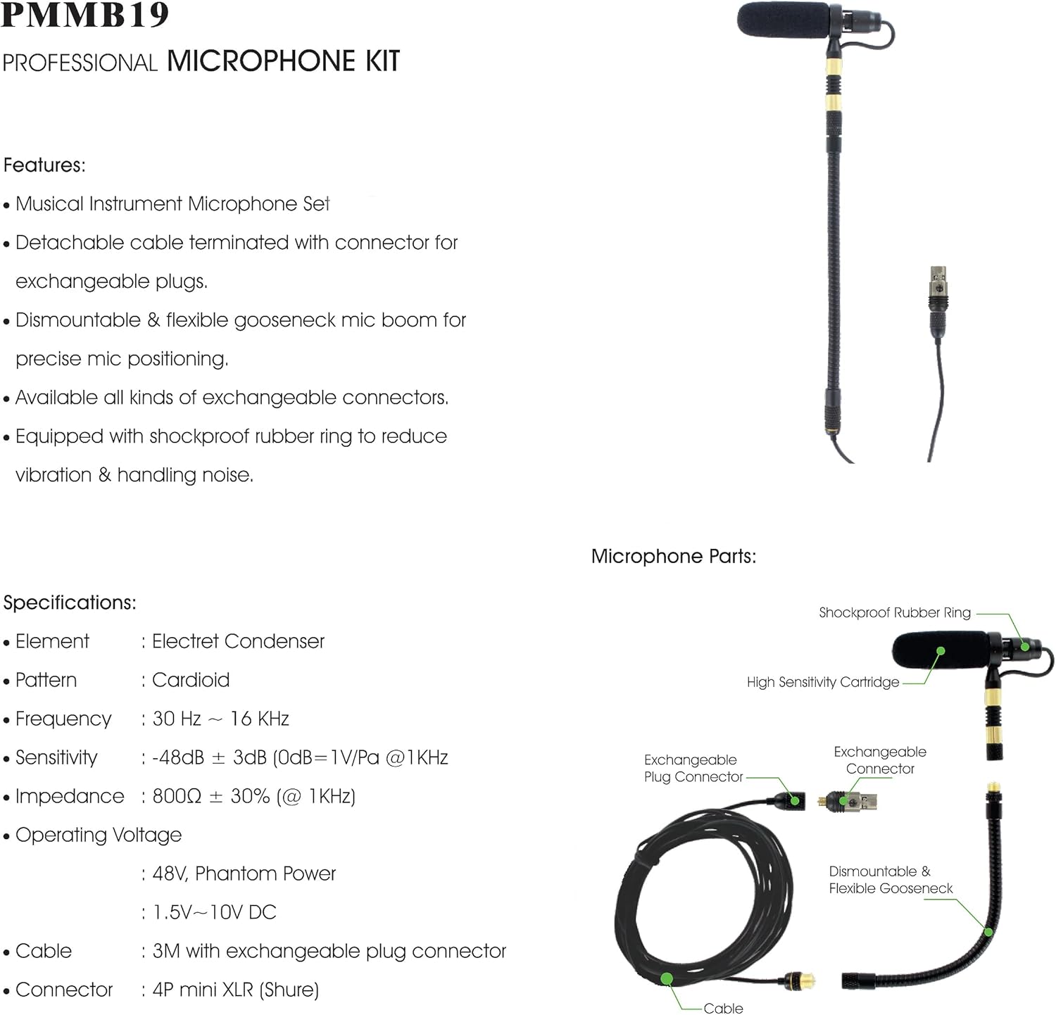 PMMB19-Saxophone Musical Instrument Microphone with Saxophone/Trumpet Clip & 5 Connectors