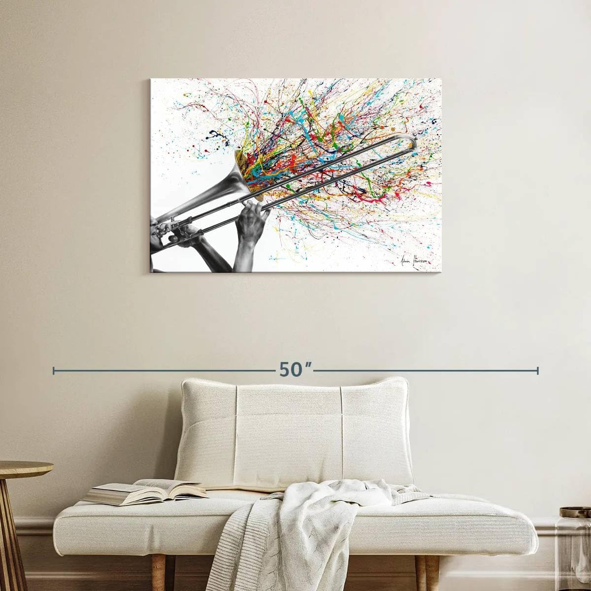 ElephantStock Trombone Solo Wall Art - Horizontal Wrapped Canvas - 1-Piece Living Room Wall Decor - Painting Music Canvas Print - White and Gray Decor for Wall by Ashvin Harrison - 36