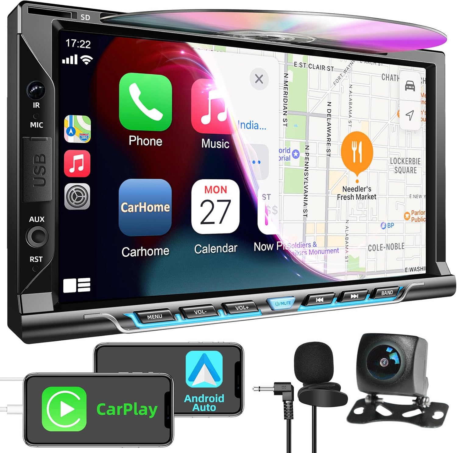 Double Din Car Radio with CD/DVD Player, 7-inch Touch Screen Car Stereo with Wireless CarPlay&Android Auto Support Bluetooth5.2, Backup Camera, Mirror Link, Subwoofer, SWC, AM/FM Car Radio Receiver