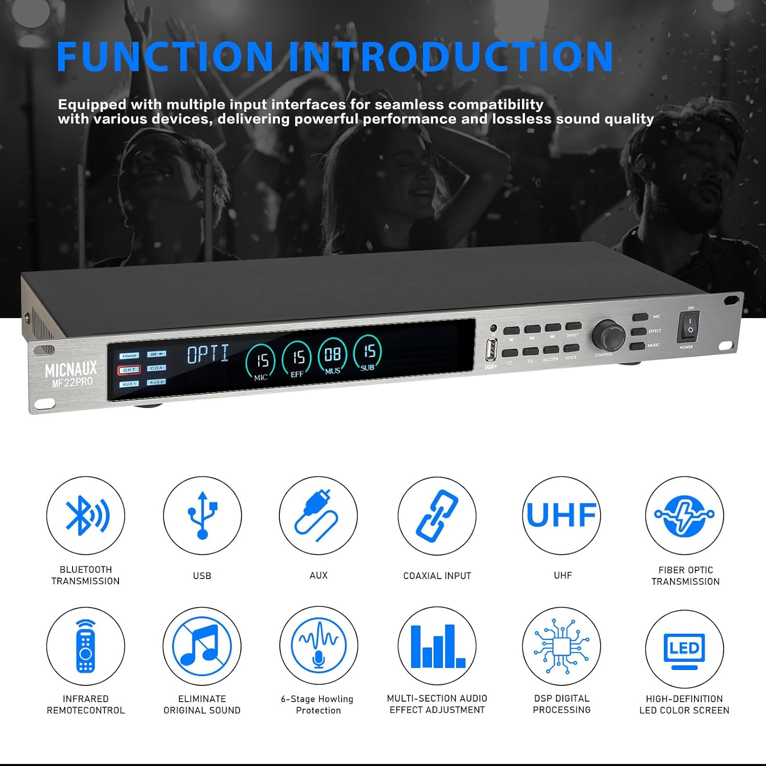 Digital Karaoke Processor KTV Mixer, Professional Pre-Stage Effector Audio Vocal Effects Processor Dual Wireless Microphones System with DSP Anti-Howling USB Bluetooth Optical Input (Silver)