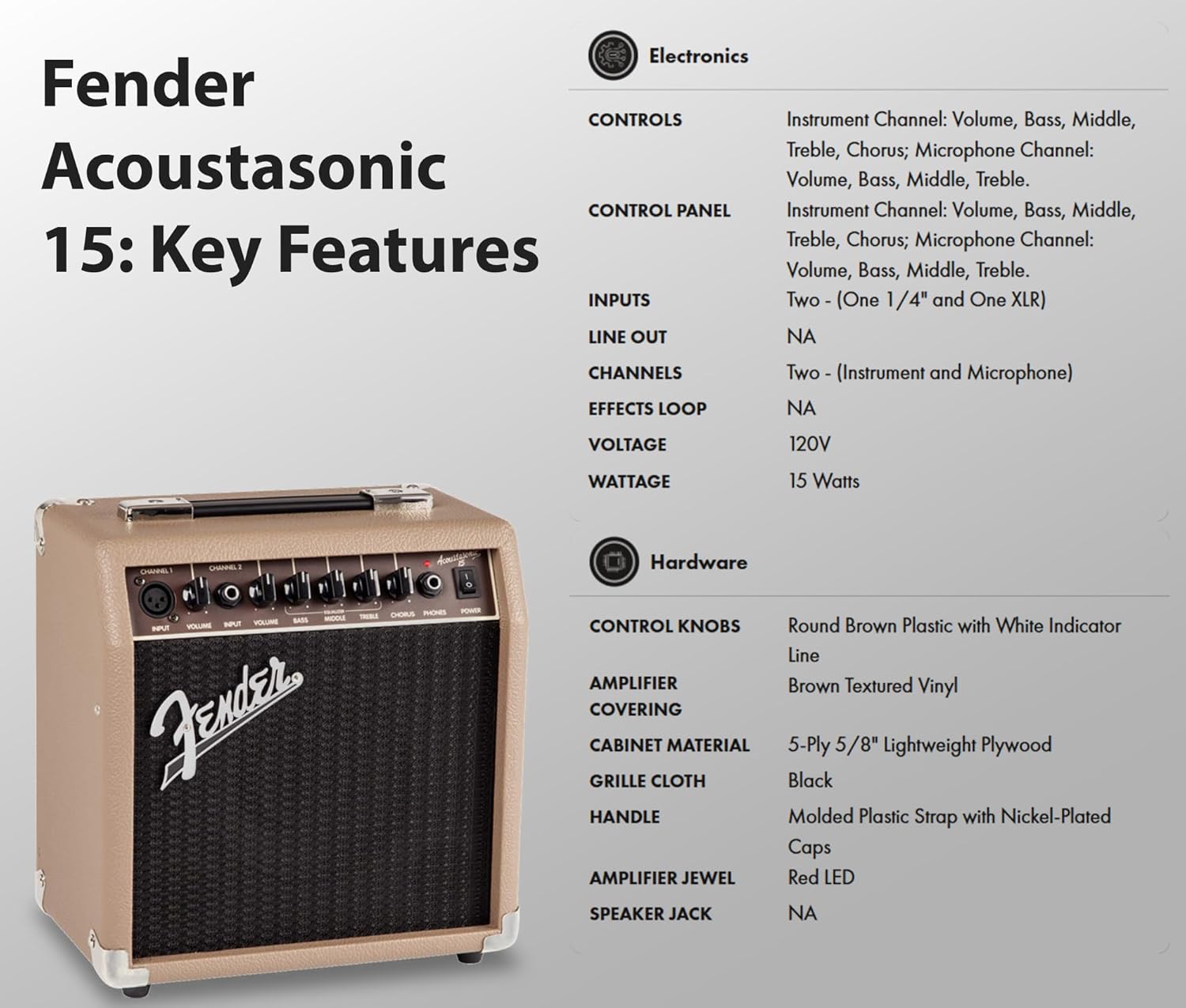 Fender Acoustasonic 15 Acoustic Guitar Amplifier Bundle with Instrument Cable, Picks, and Austin Bazaar Polishing Cloth