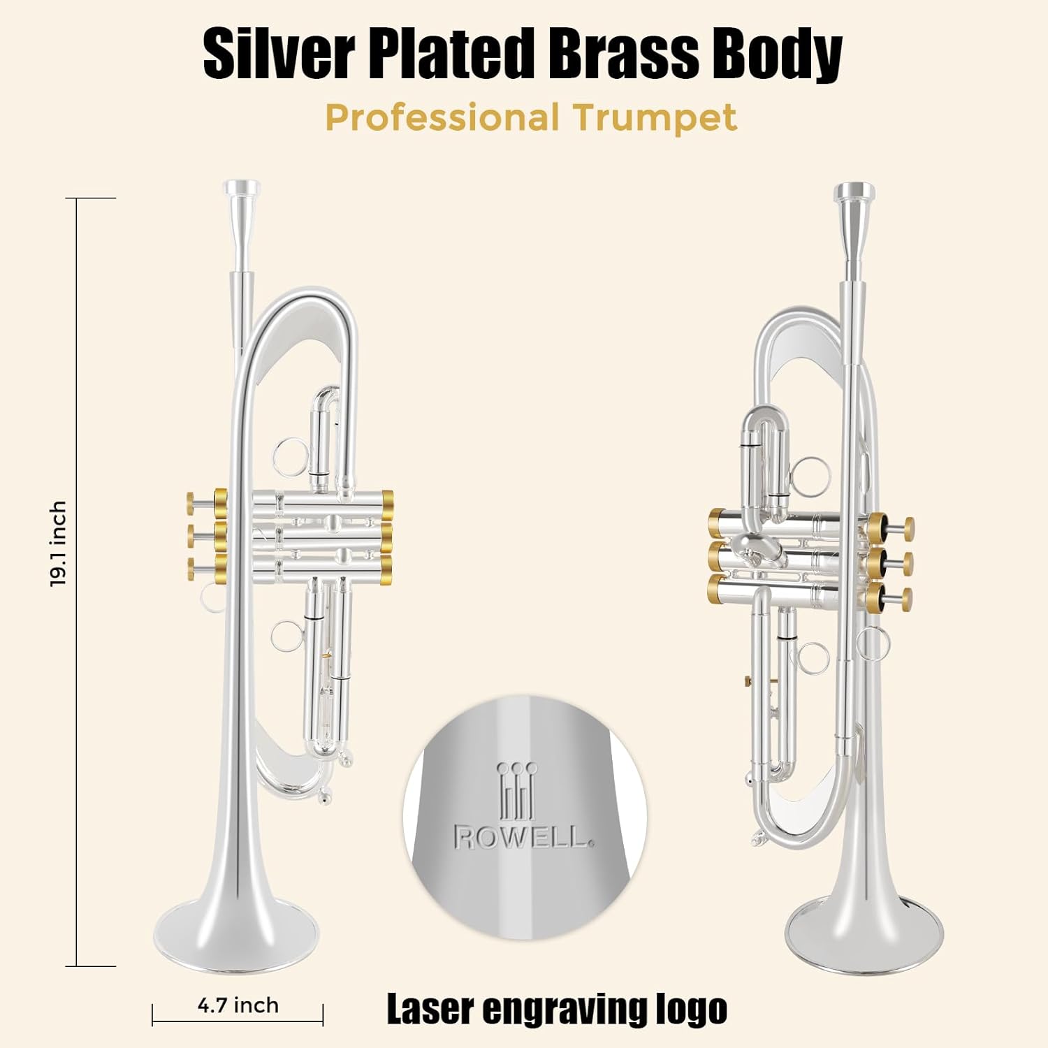ROWELL Bb Trumpet Professional Trumpet for Student Brass Instruments Standard Trumpets Set with Professional Trumpets Box, Cleaning Kit,Original 7C trumpet Mouthpiece, Cloth and Gloves (Silver)