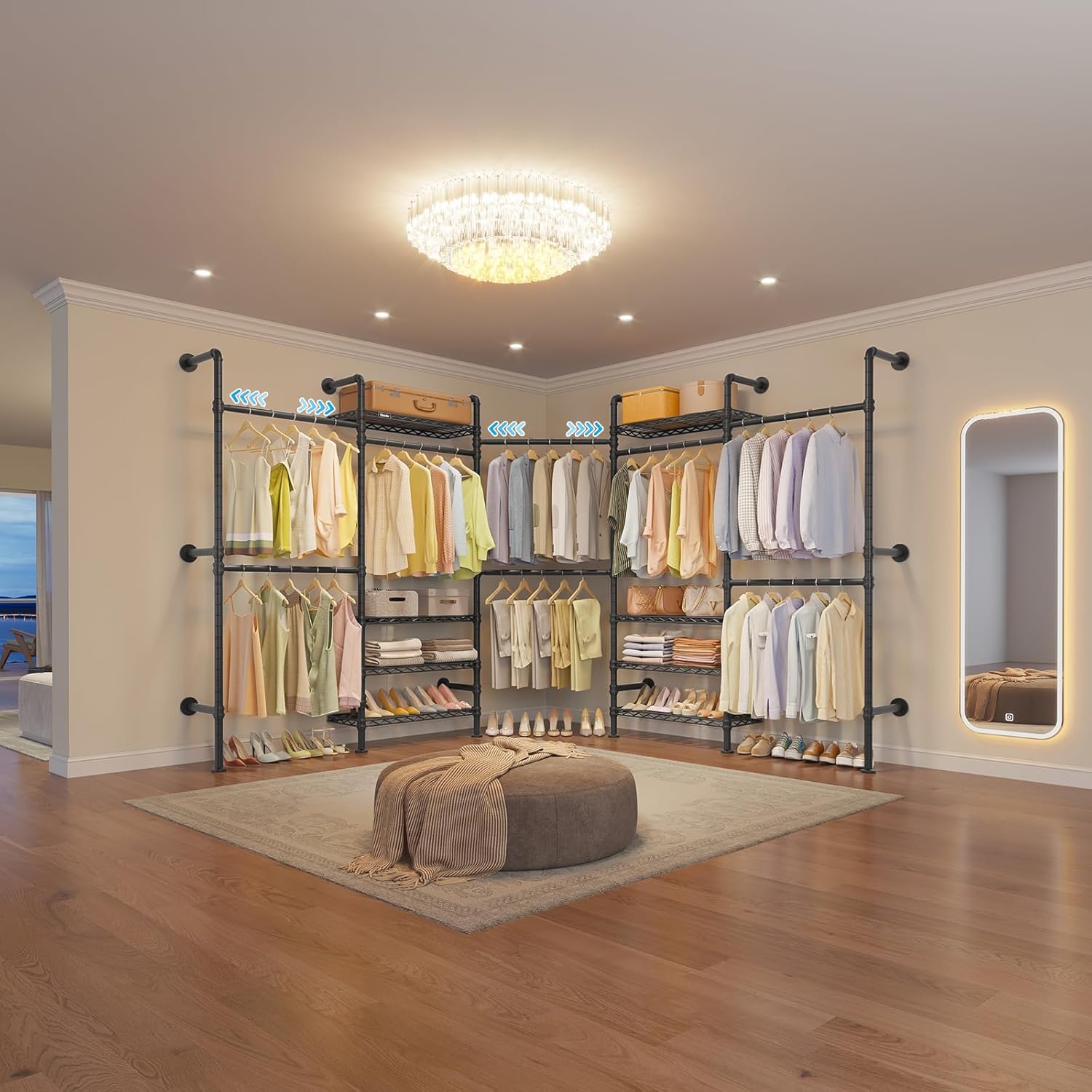 Timate L Shape Closet Rack Wall Mount for Corner, Heavy Duty Hanging Garment Rack Clothing Rack with 8 Adjustable Shelves & 4 Hanger Rods, Closet System for Hanging Clothes, Black