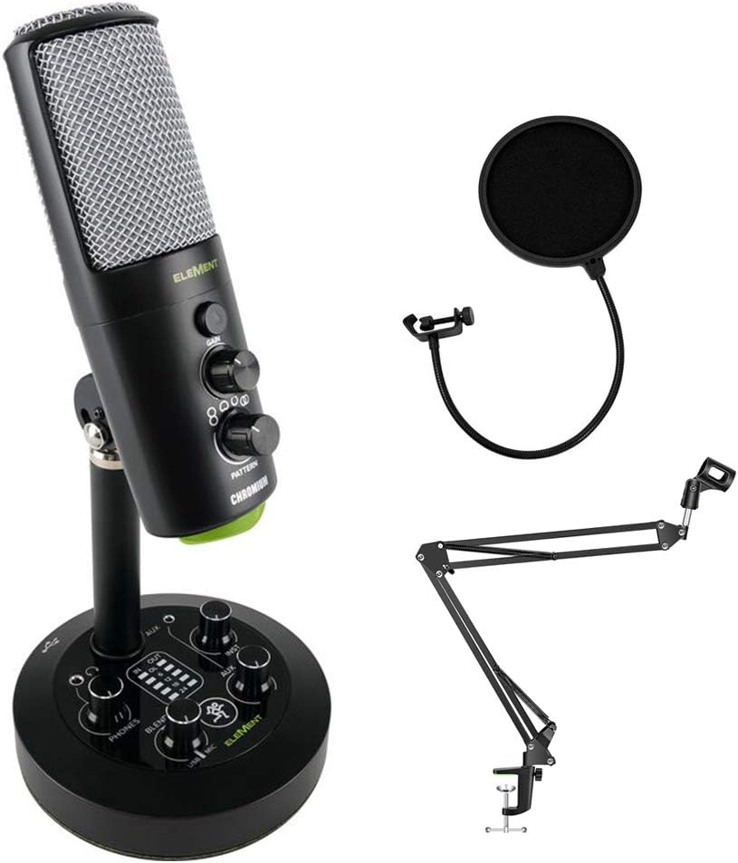 Mackie EleMent Series Chromium Bundle USB Condenser Mic (Built-in Mixer) with Mic Boom Scissor Arm Stand & Studio Monitor Headphones
