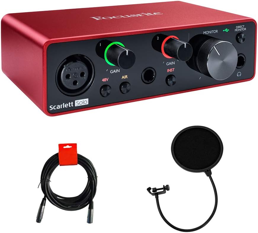 Focusrite Scarlett Solo 3rd Gen USB Audio Interface Bundle with 25-Feet XLR Male to XLR Female Microphone Cable, and Pop Filter for Broadcasting and Recording Microphones (3 Items)