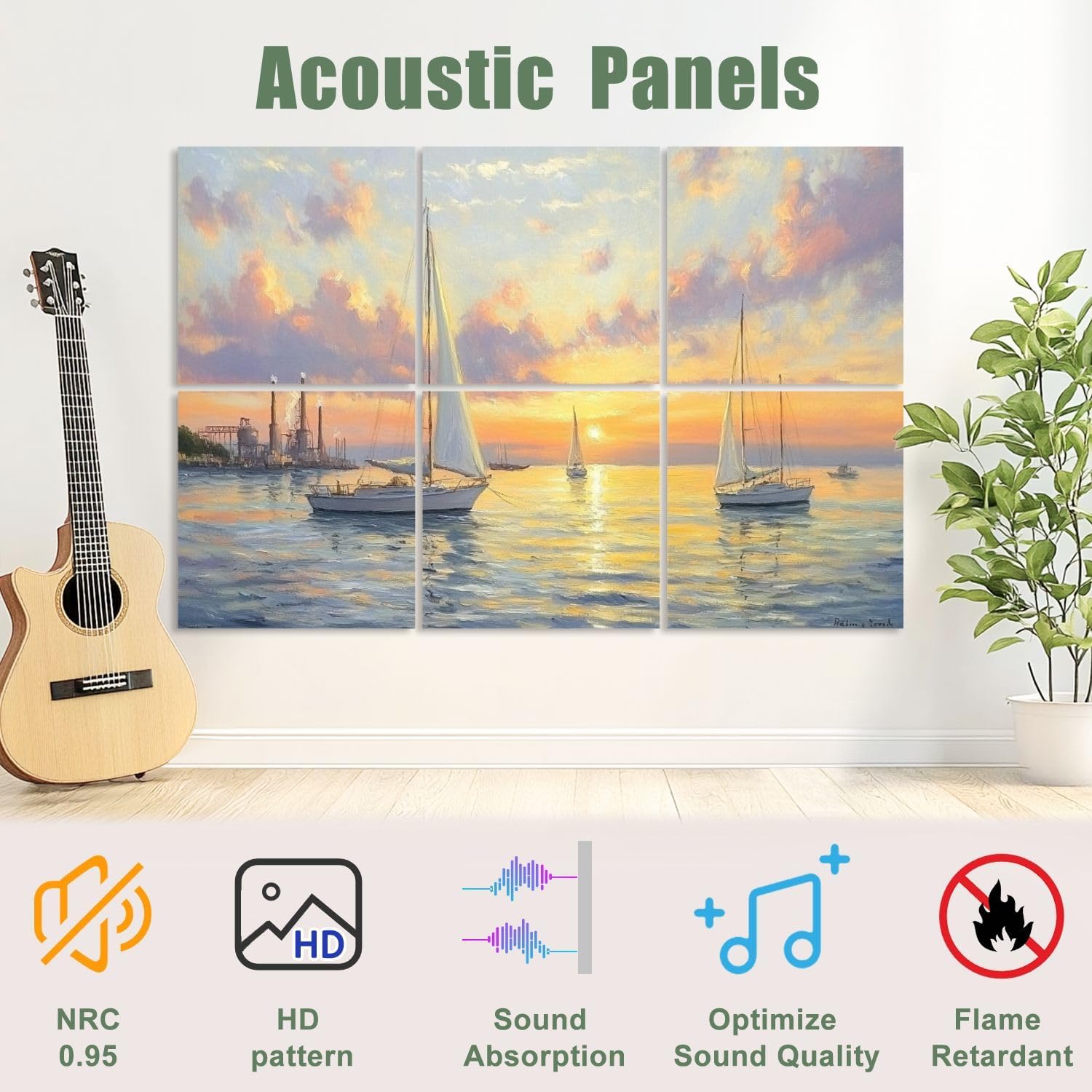 6 Pack Art Acoustic Panels Sound Absorbing Famous Oil Paintings Seascape Ocean Sea Beach Pictures Sailboats Decorative Soundproof Wall Panels Self Adhesive for Recording Studios Office 72