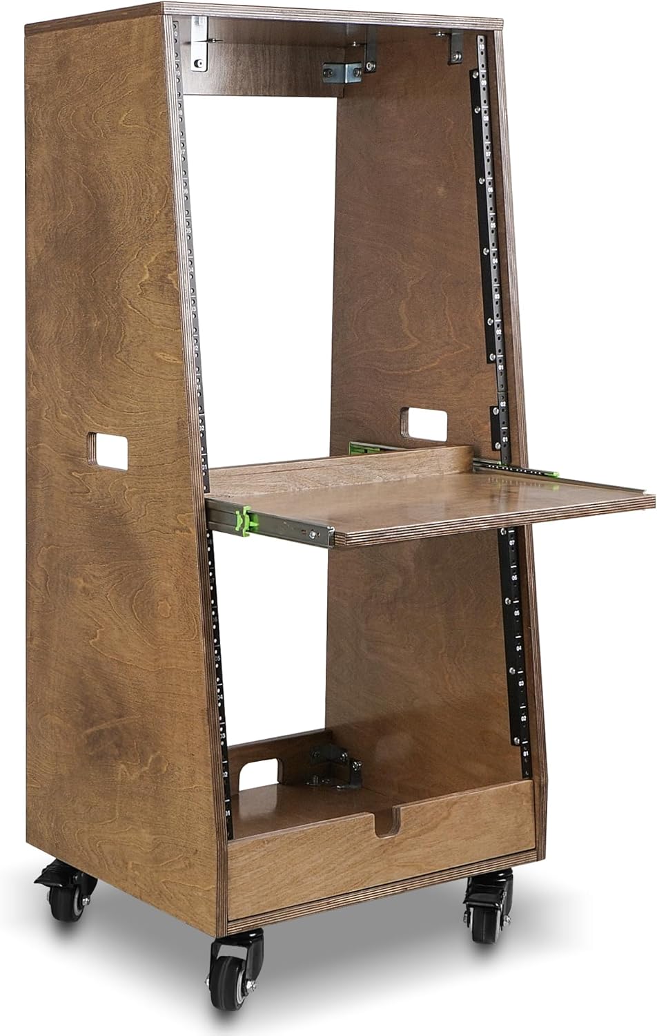 Sound Town DIY Slanted 20U Studio Rack (12U Top + 8U Lower), with 2U Bottom Storage, Slide-Out Tray, Caster, Plywood, Weathered Brown For Recording Room, Home Studio (SDRK-ST20TB)