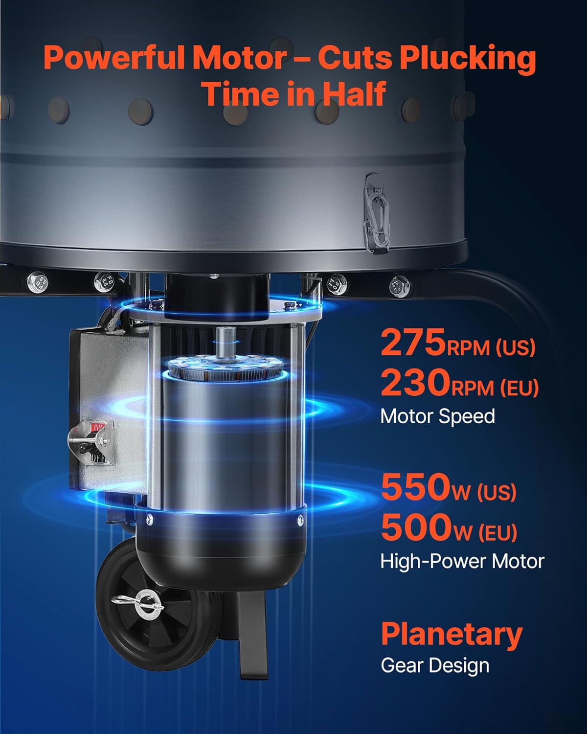 VEVOR Chicken Plucker Machine, 15.7 in Drum, 550W & 275RPM Electric Chicken Plucking Machine with 114 Soft Fingers & Transport Wheels, Stainless Steel Feather Remover for Processing 1-2 Chicks Once