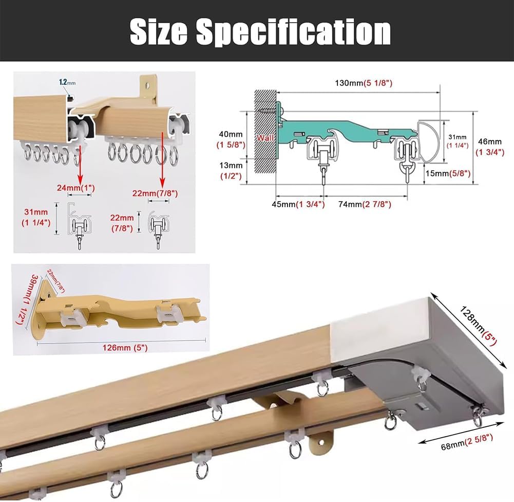 Wall Mount Double Curtain Track Rods, Full Blackout Curtain Rail for Windows, Heavy Duty Wall Side Mounting Track, Corner Full Coverage Curtain Rail, Wall Mount Sliding Curtain System,C 260cm