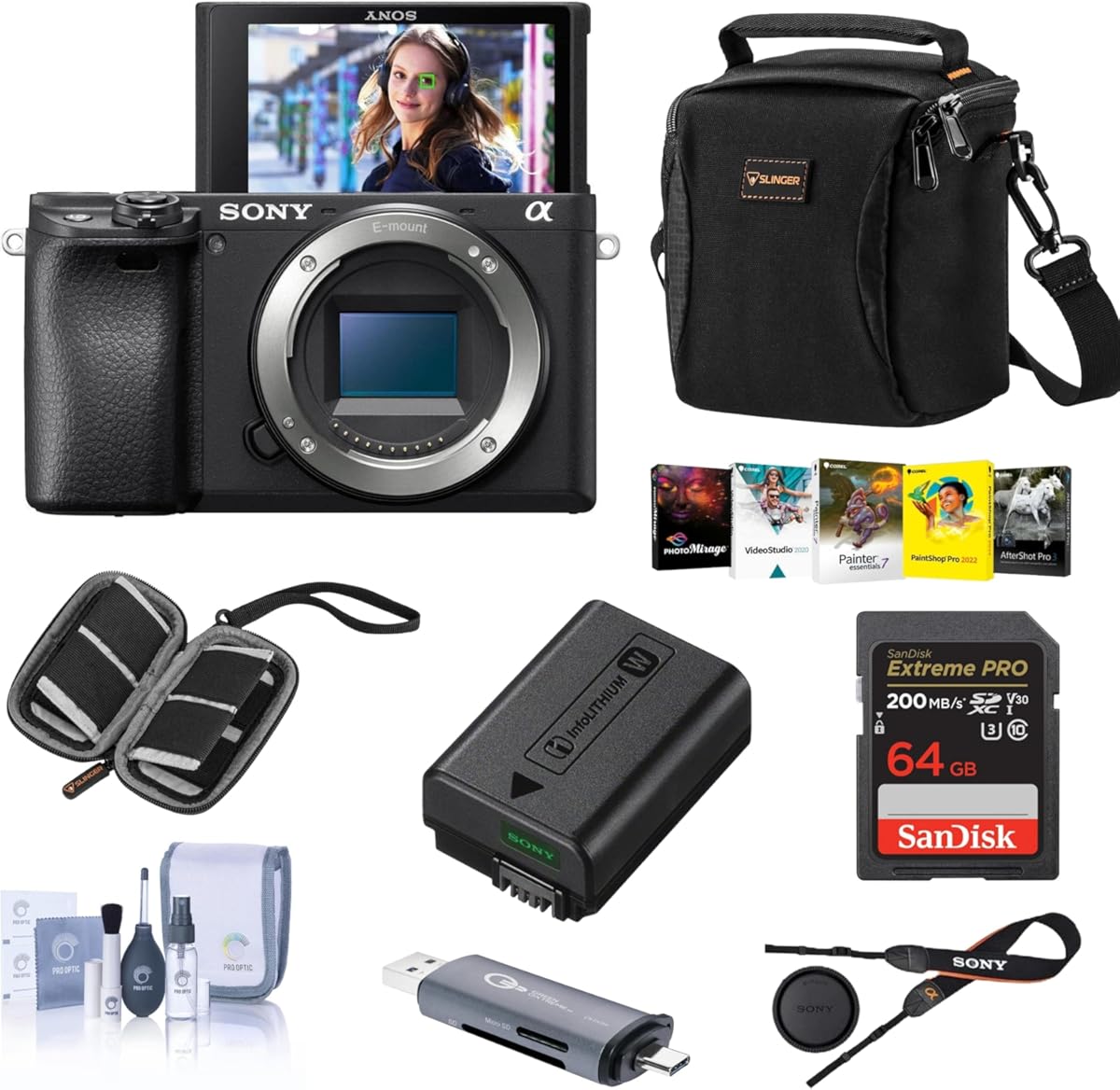 Sony Alpha a6400 Mirrorless Digital Camera (Body Only) - Bundle with Shoulder Bag, 64 GB SD Card, Cleaning Kit, Card Reader, SD Card Case, Corel PC Software Kit