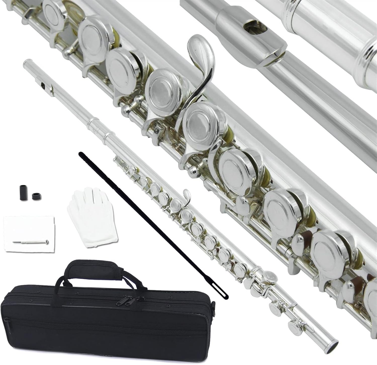Flute Kit Flute Closed Hole C Flute 16 Keys Cupronickel Woodwind Instrument with Carry Case Cleaning Cloth Gloves for Beginner Intermediate Flute