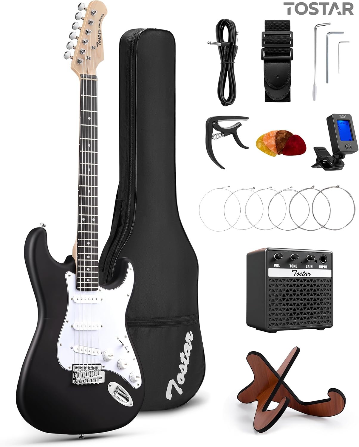 Tostar 39 Inch Full Size Electric Guitar Kit For Beginners And Adults,SSS Pickup Stratocaster Guitarra Electrica Set Includes Tremolo Bridge,Amp,Strings,Stand,Case Bag,Birthday Christmas Holiday Gifts