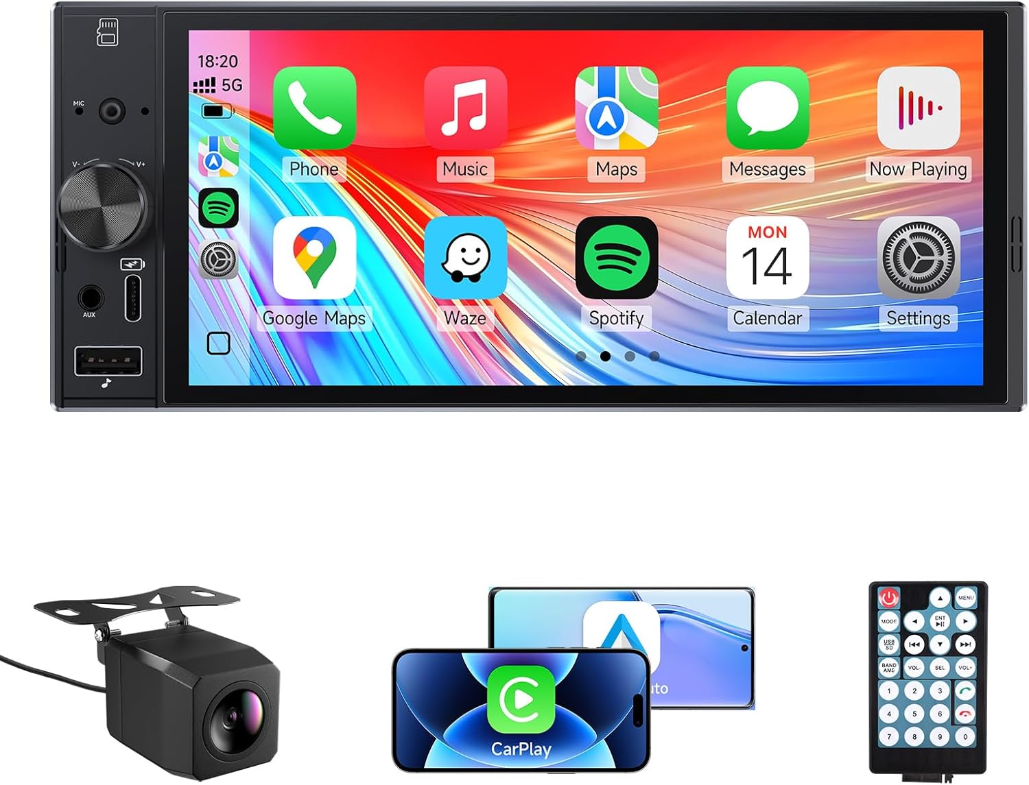 Single Din Car Stereo with Carplay Android Auto,6 Inch in-Cell Touch Screen, Car Radio Stereo with Backup Camera Support Mirror Link Bluetooth Handsfree FM USB EQ SWC