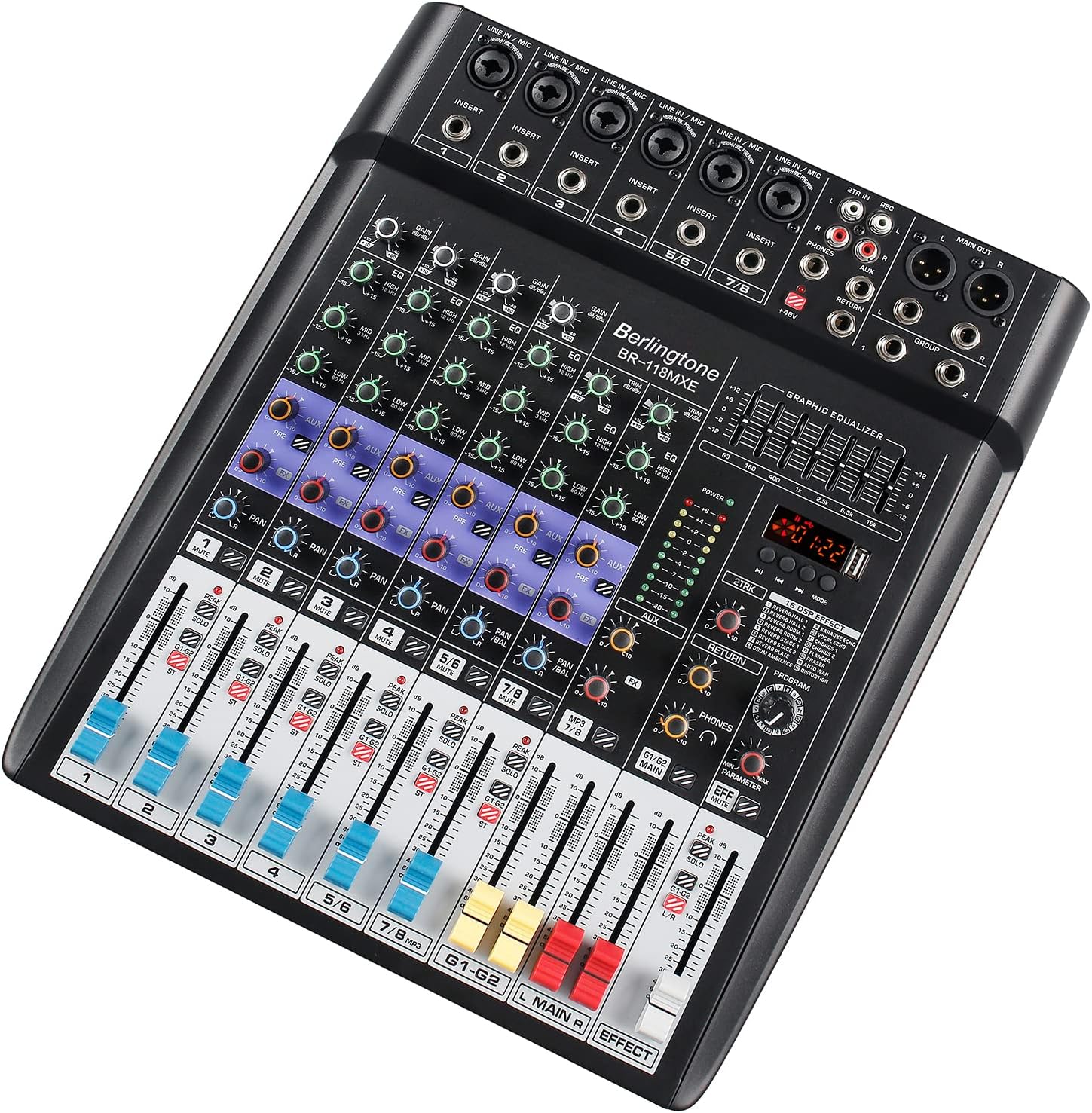 8 Channel Bluetooth Professional Audio Mixer DJ Sound Console, USB MP3 Recording, 6 XLR Microphone Jack 7 Band EQ 48V Phantom Power Stereo 16-BIT Digital Multi FX Processor (BR-118MX)