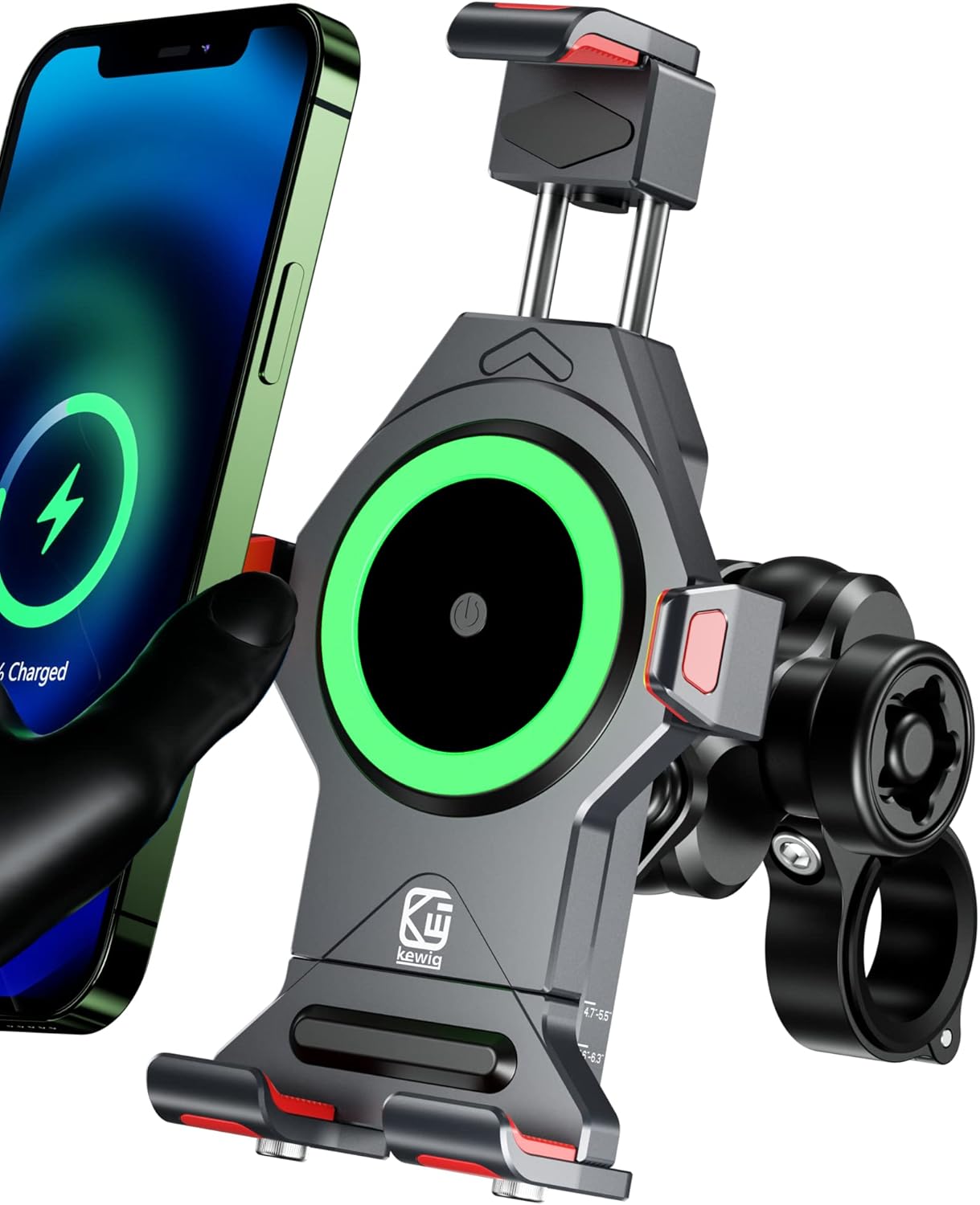 BRCOVAN Motorcycle Phone Mount with Qi 15W Wireless Charger & Vibration Dampener, Anti-Theft, Anti-Shake, Adjustable, Aluminum Alloy Motorcycle Handlebar Cellphone Holder for 4.7''-7.2'' Smartphones