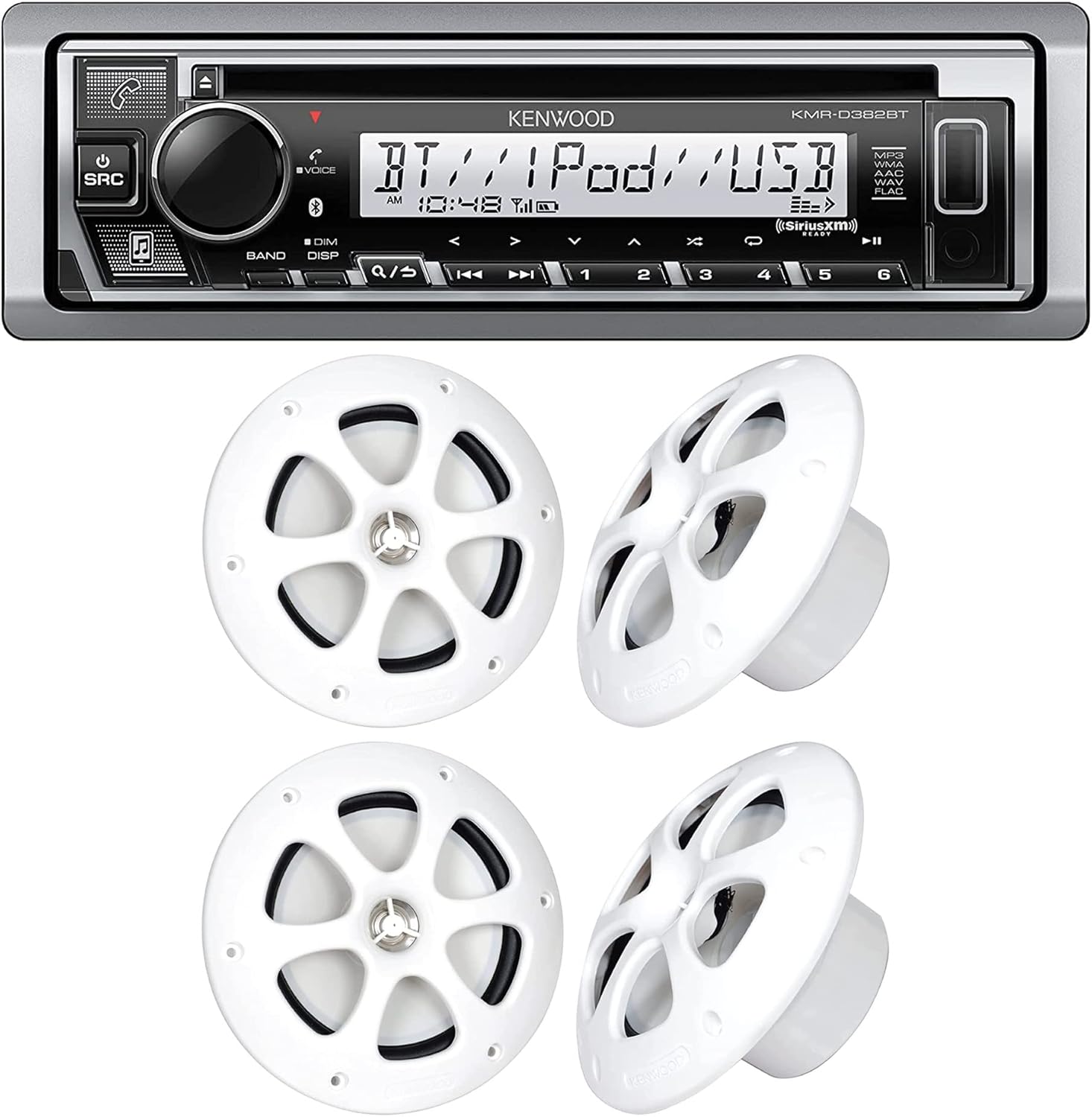Kenwood KMR-D382BT Car & Marine Stereo | Plus 2X KFC-1613MRW/W 6.5 Inch 2 Way Coaxial Waterproof Marine Motorsports Boat Speakers, Pair, 4 Ohm, 100 Peak Watts (White)