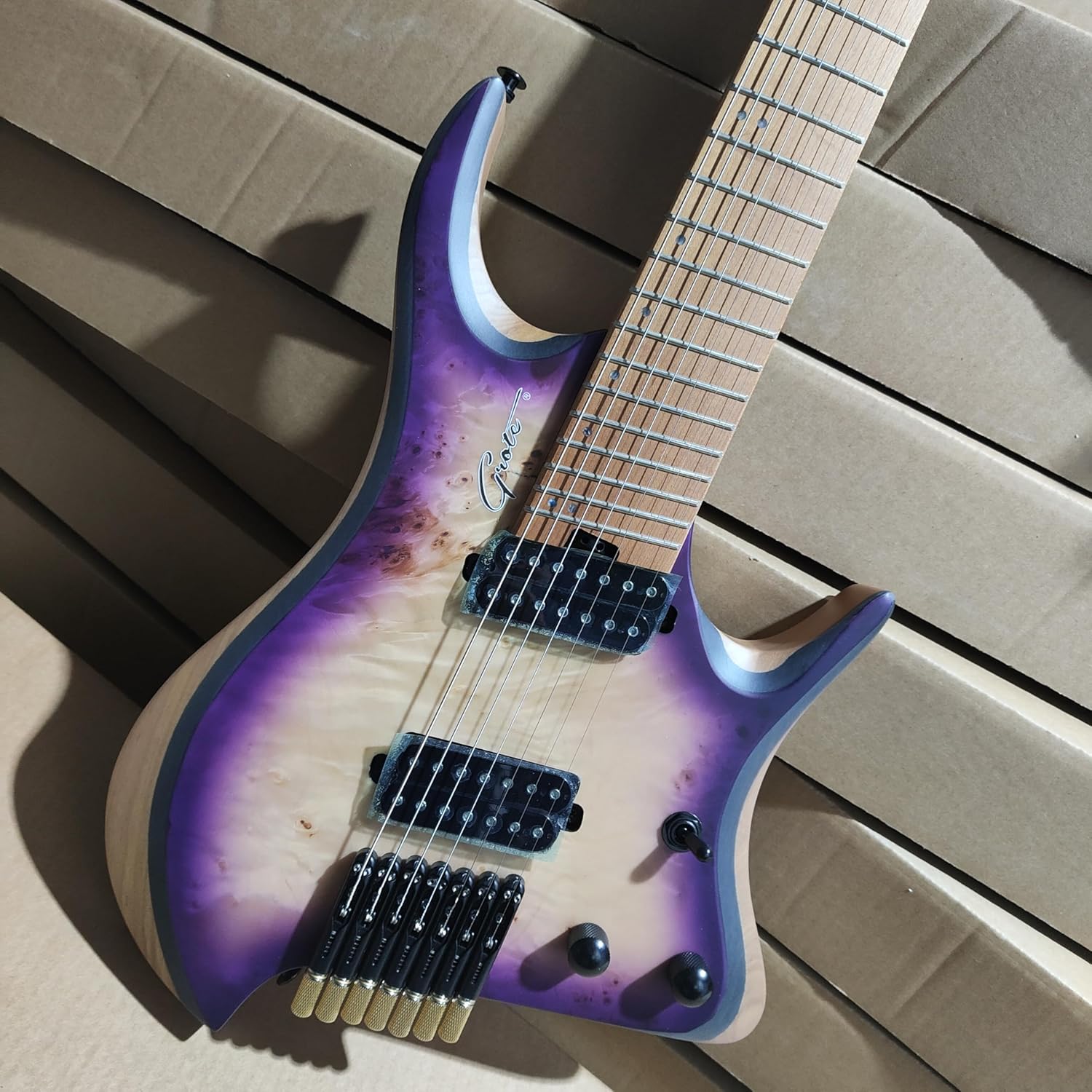 7-String Headless Electric Guitar, Purple and White Burst Finish, HH Pickups